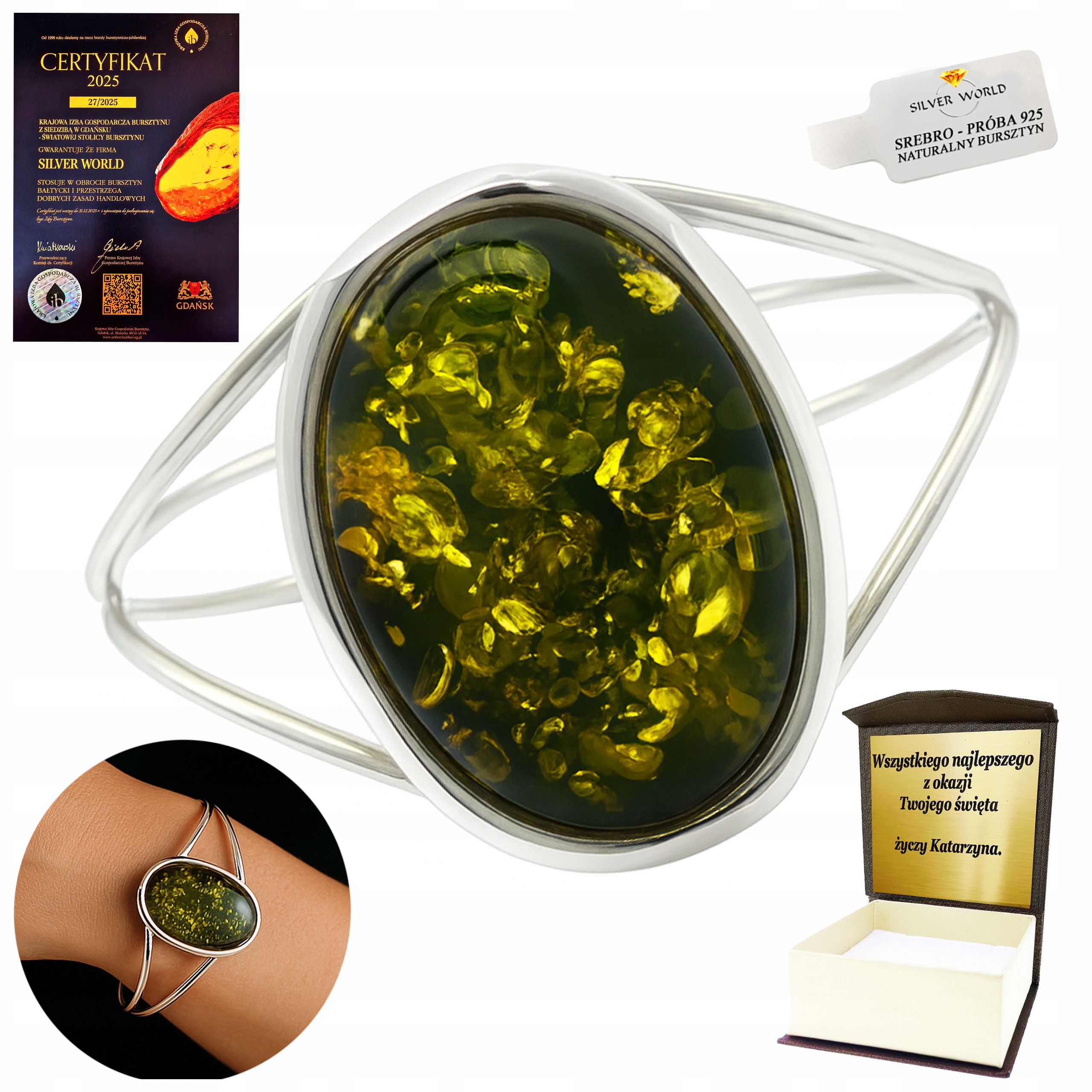 Stříbrný Náramek Se Zeleným Jantarem Jako Dárek Ruční Práce Gravírování