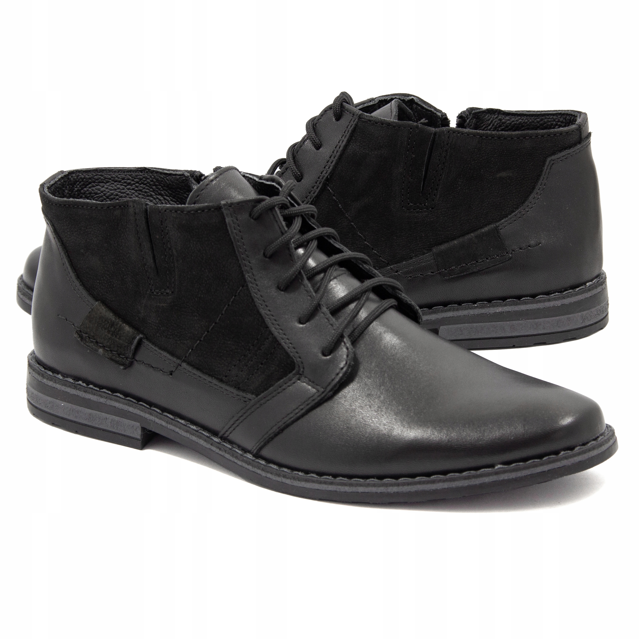 Kotníkové boty zateplené, šněrovací, krátké Polské kožené 902 černé vel. 46