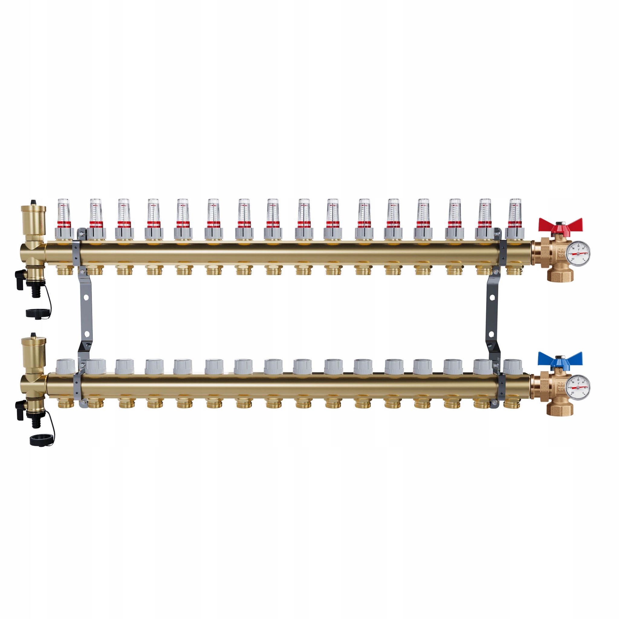 Rozdělovač mosazný Podlahovky 16 okruhů Kulové ventily Teploměr