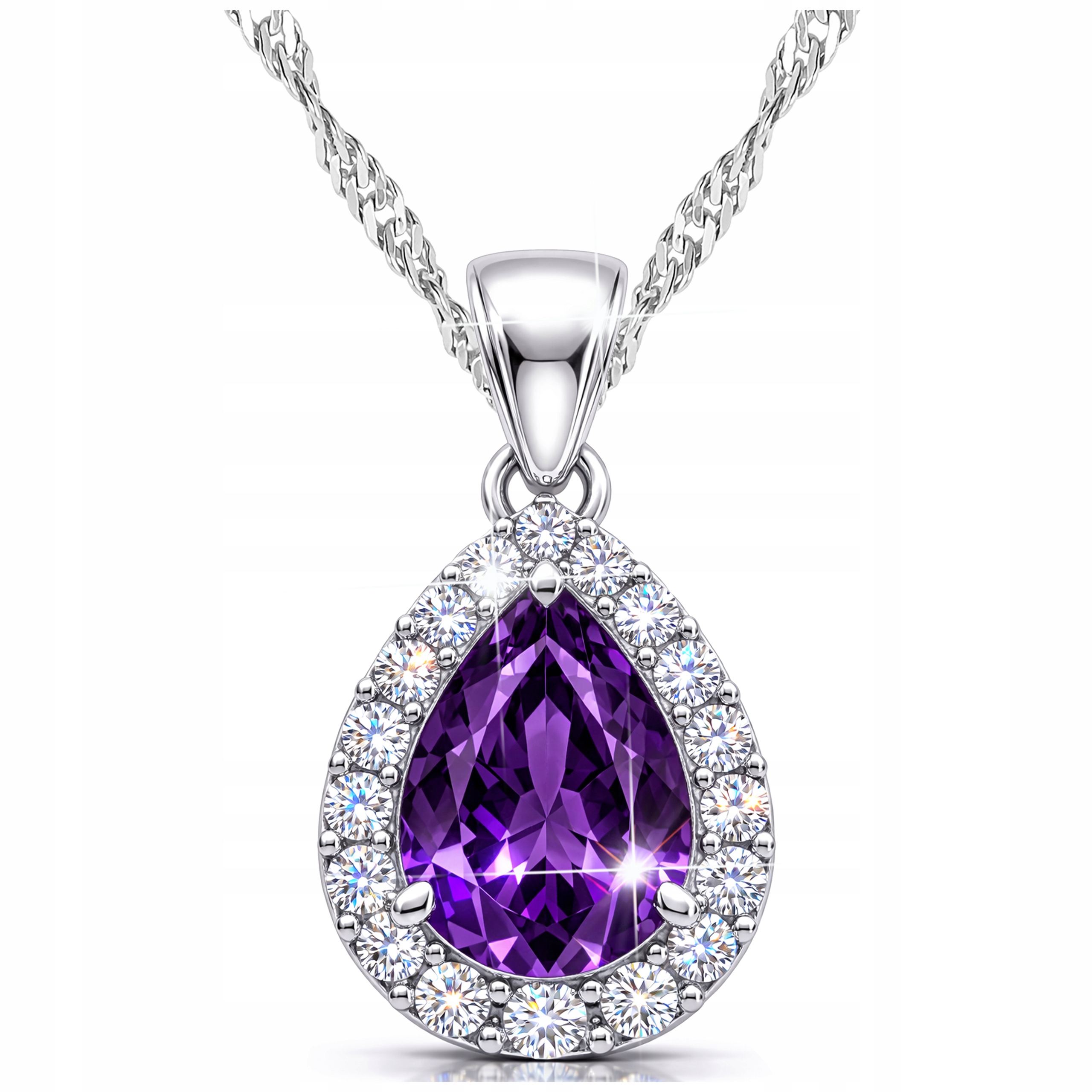 Naszyjnik Fioletowy Kryształ Łezka Srebrny Kropla z Cyrkoniami Srebro 925