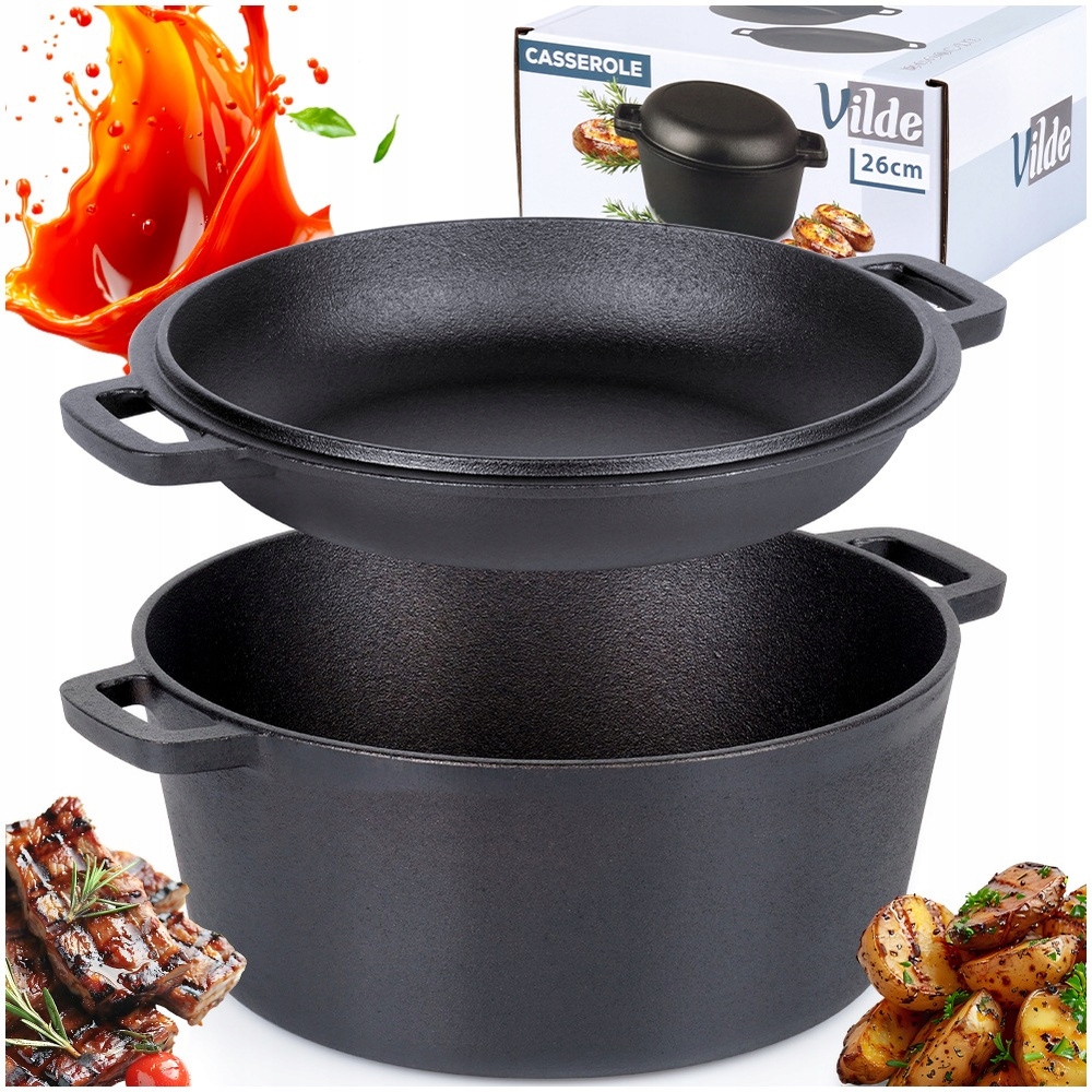 Hrnec Litinový pekáč pekáč pánev na pečení smažení 2v1 26 cm