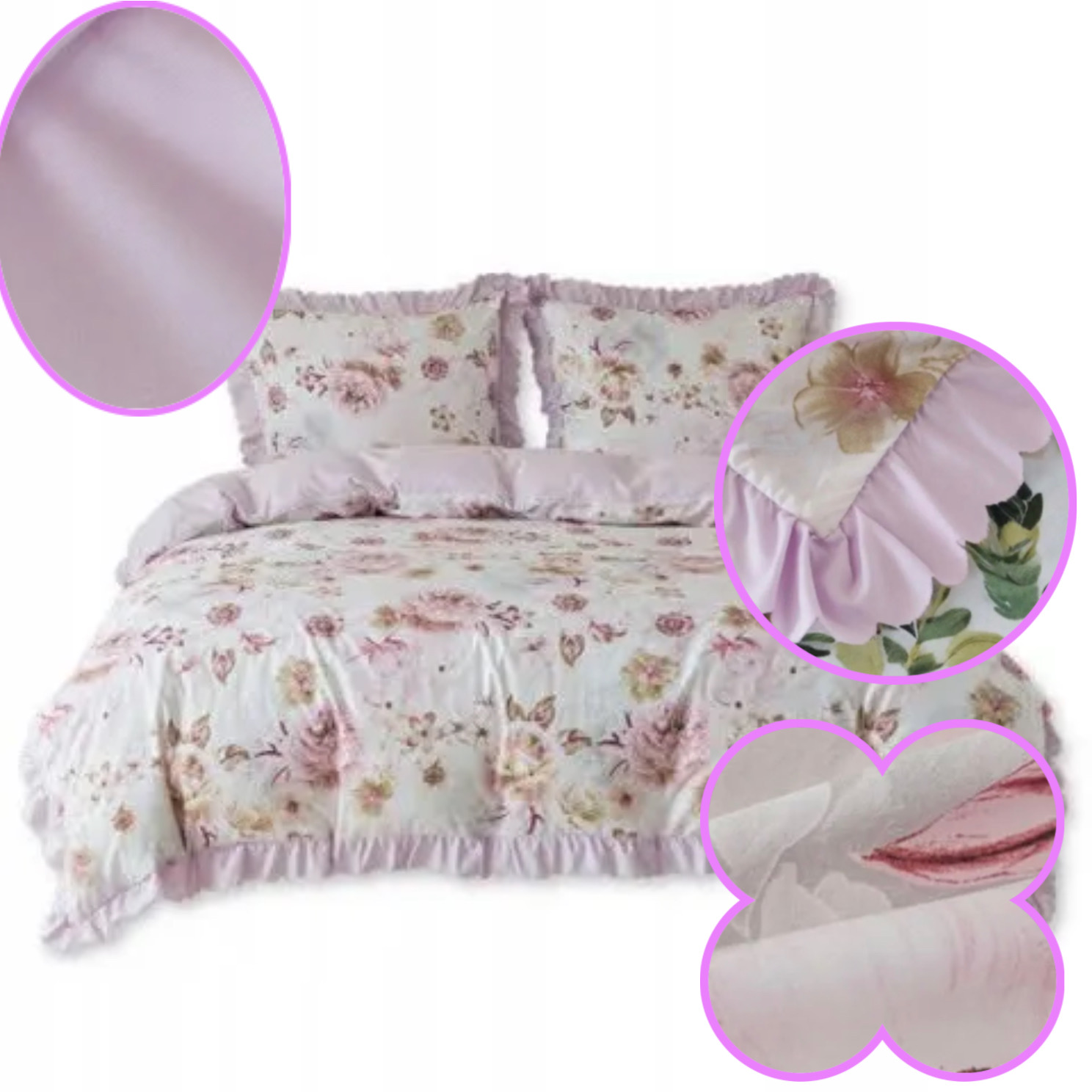 Pościel Falbanka 200x220 3 Części Luksusowa Mikrofibra Różowa Romantyczna