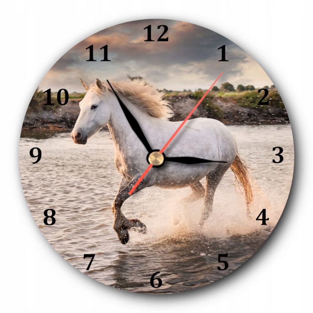 

Okrągły cichy zegar ścienny z białym koniem koń