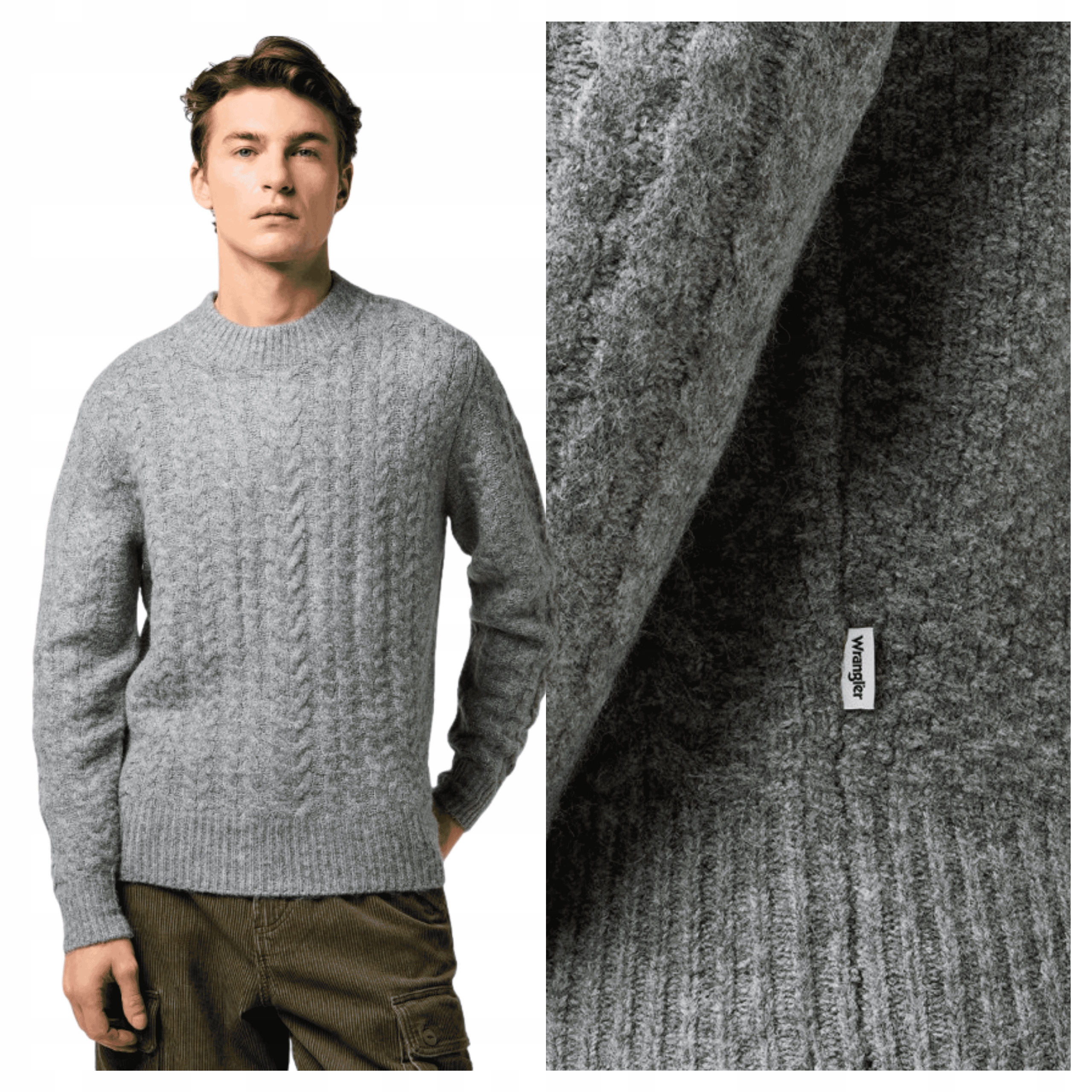Pánský svetr Wrangler Cable Knit Sweater Šedý Melanž Klasický XL