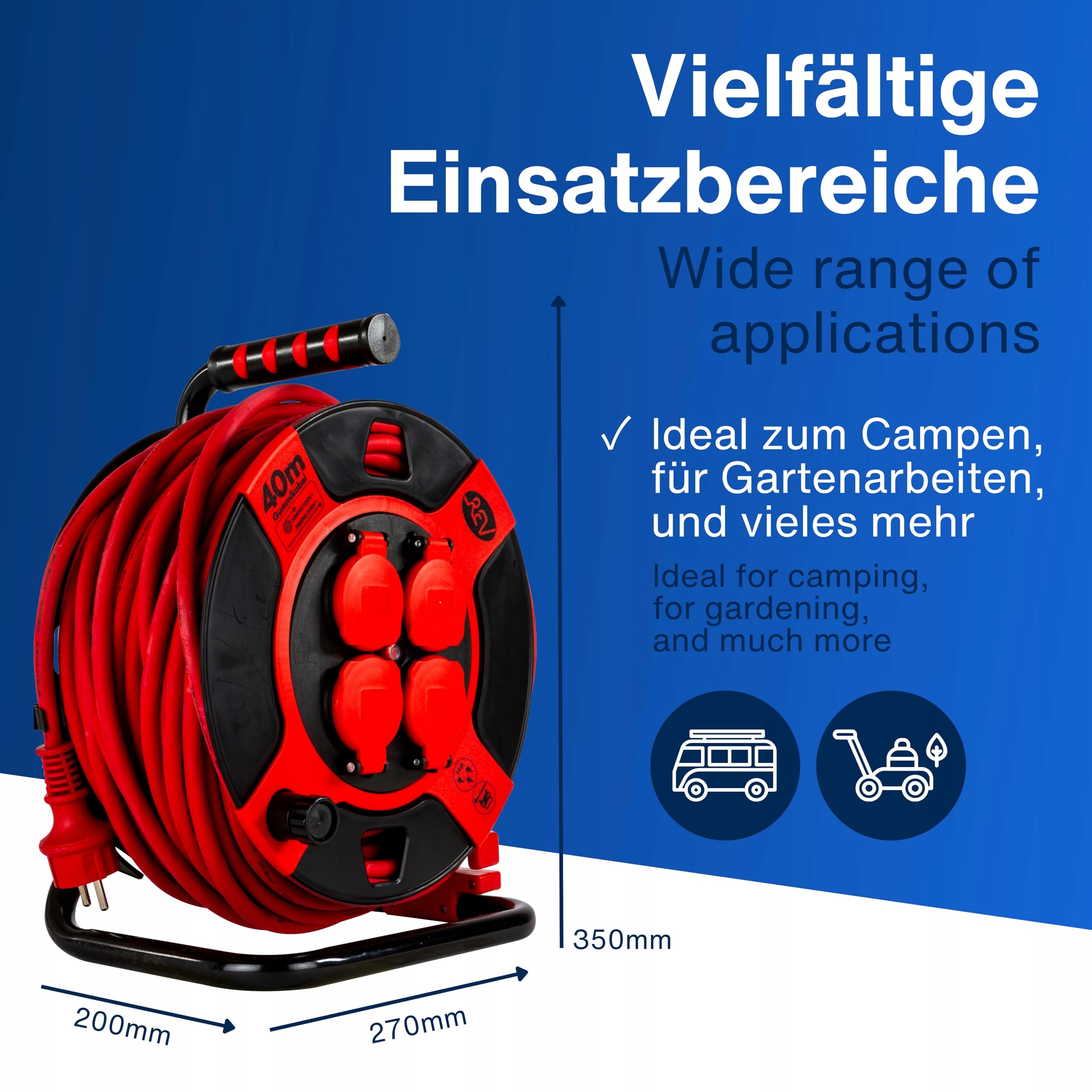 REV Kabel Bębnowy 40m H07RN IP44 3000W Przedłużacz 4 Gniazda — miniatura 5