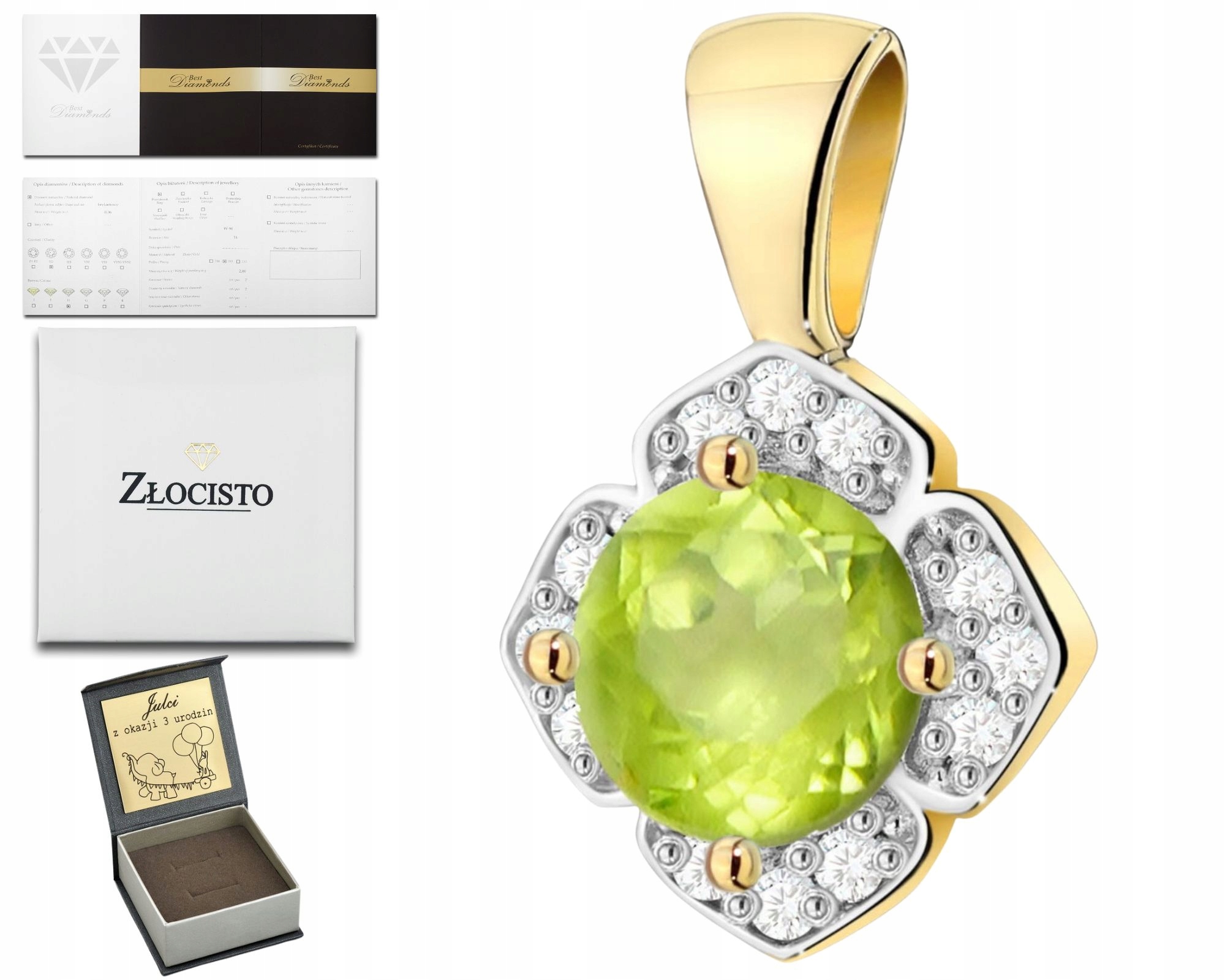 Zlatý Přívěsek Přírodní Kámen Olivín Diamanty Brilianty Zlato 585