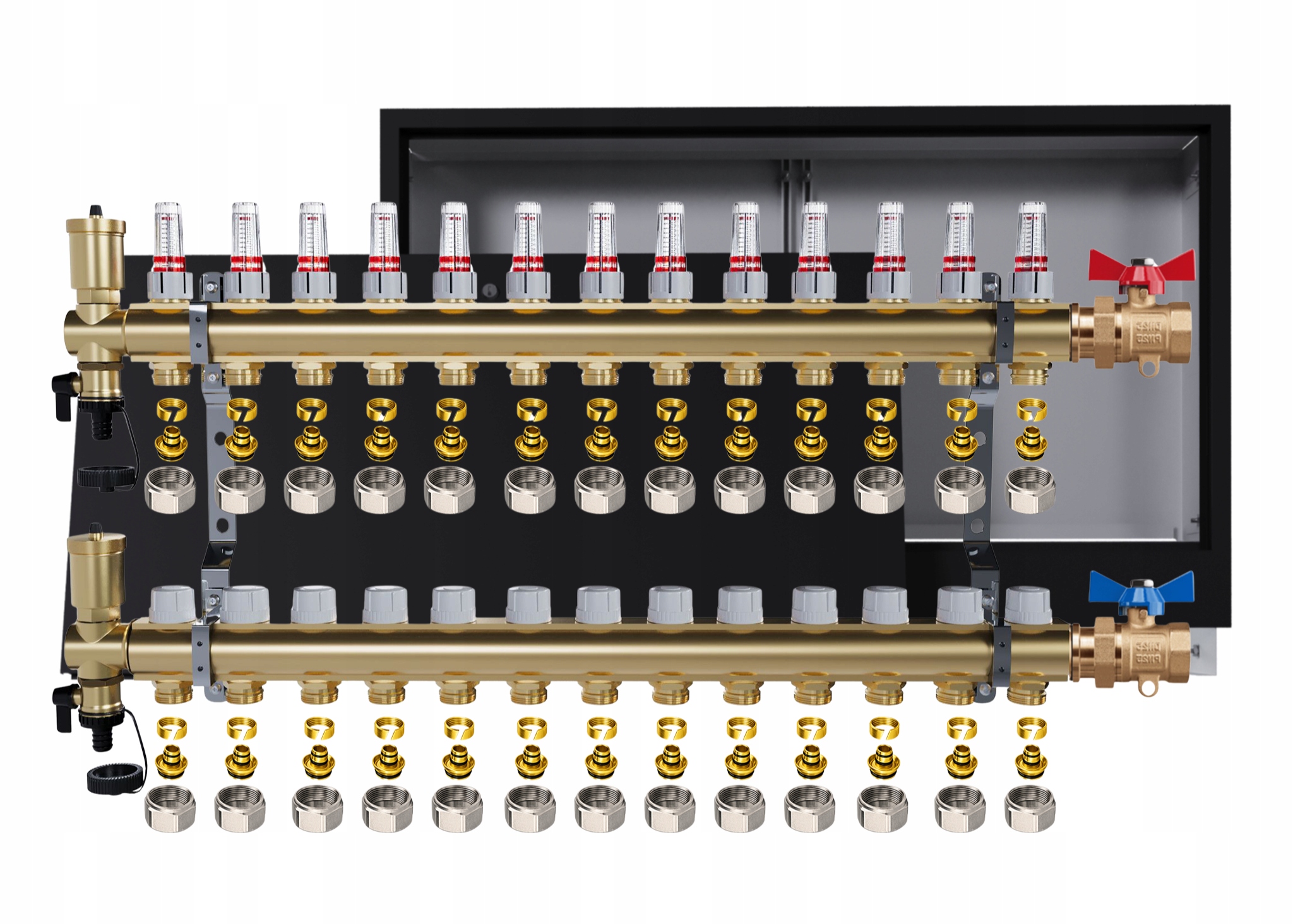 Rozdělovač podlahový mosazný 13 okruhů Podomítkový černý Ventily Pex