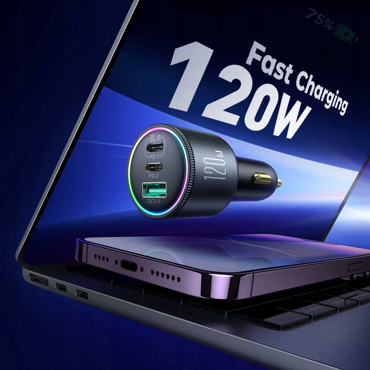 JOYROOM ŁADOWARKA SAMOCHODOWA 120W 2xUSB-C USB-A + KABEL USB-C 100W QC PD Stan opakowania oryginalne