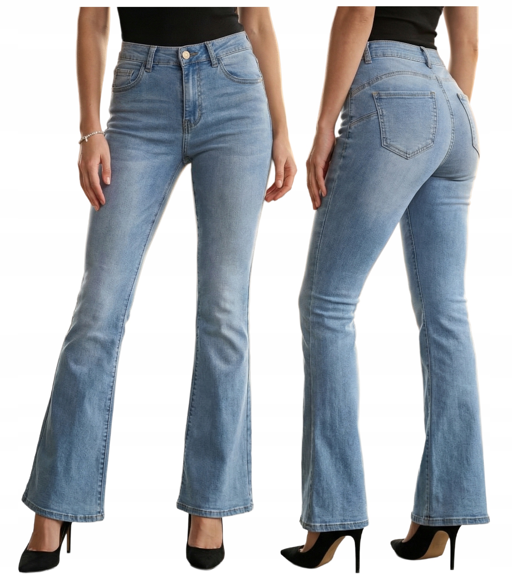 Modne Spodnie Jeansy Damskie Dzwony Push Up Flare Wysoki Stan 40