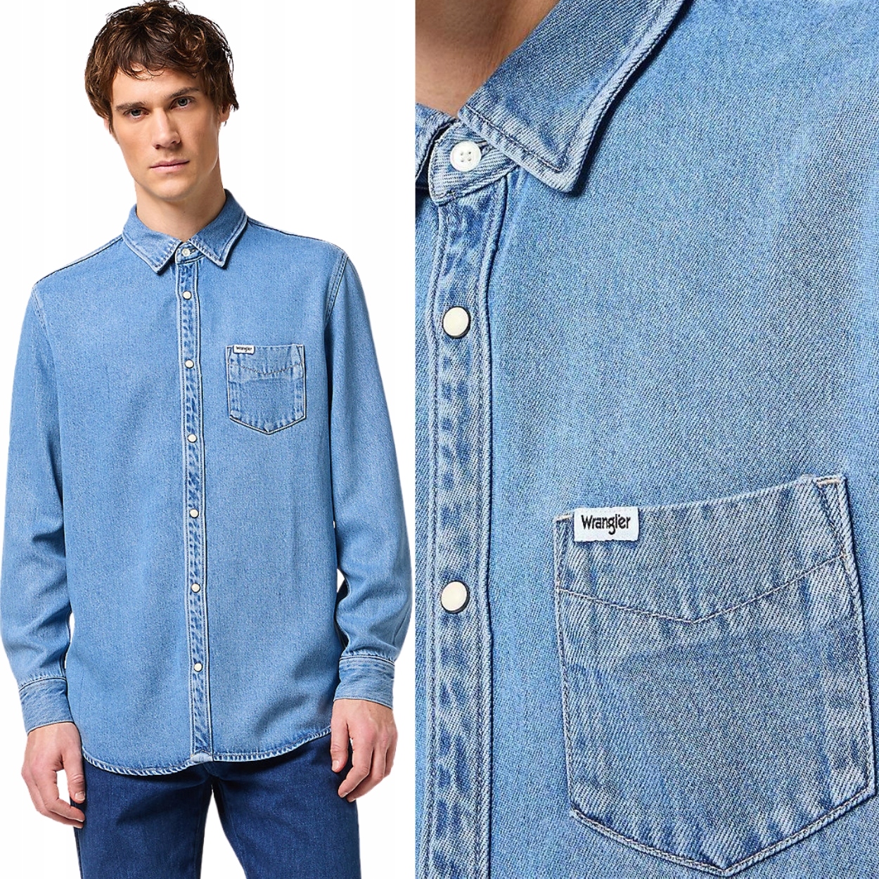 Wrangler 1 Pkt Shirt Light Stone Džins klasická pánská džínová košile M