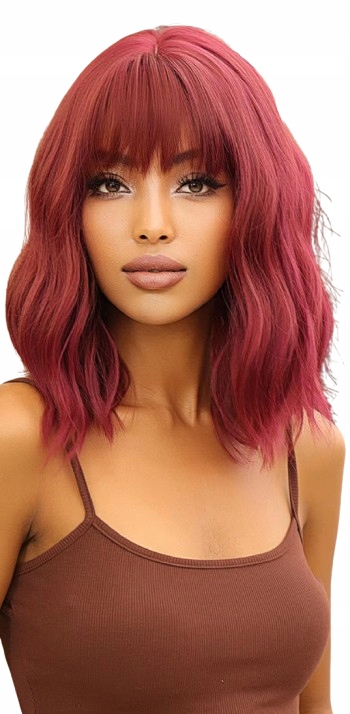 Peruka damska z grzywką fale czerwień burgund bob do ramion syntetyczna