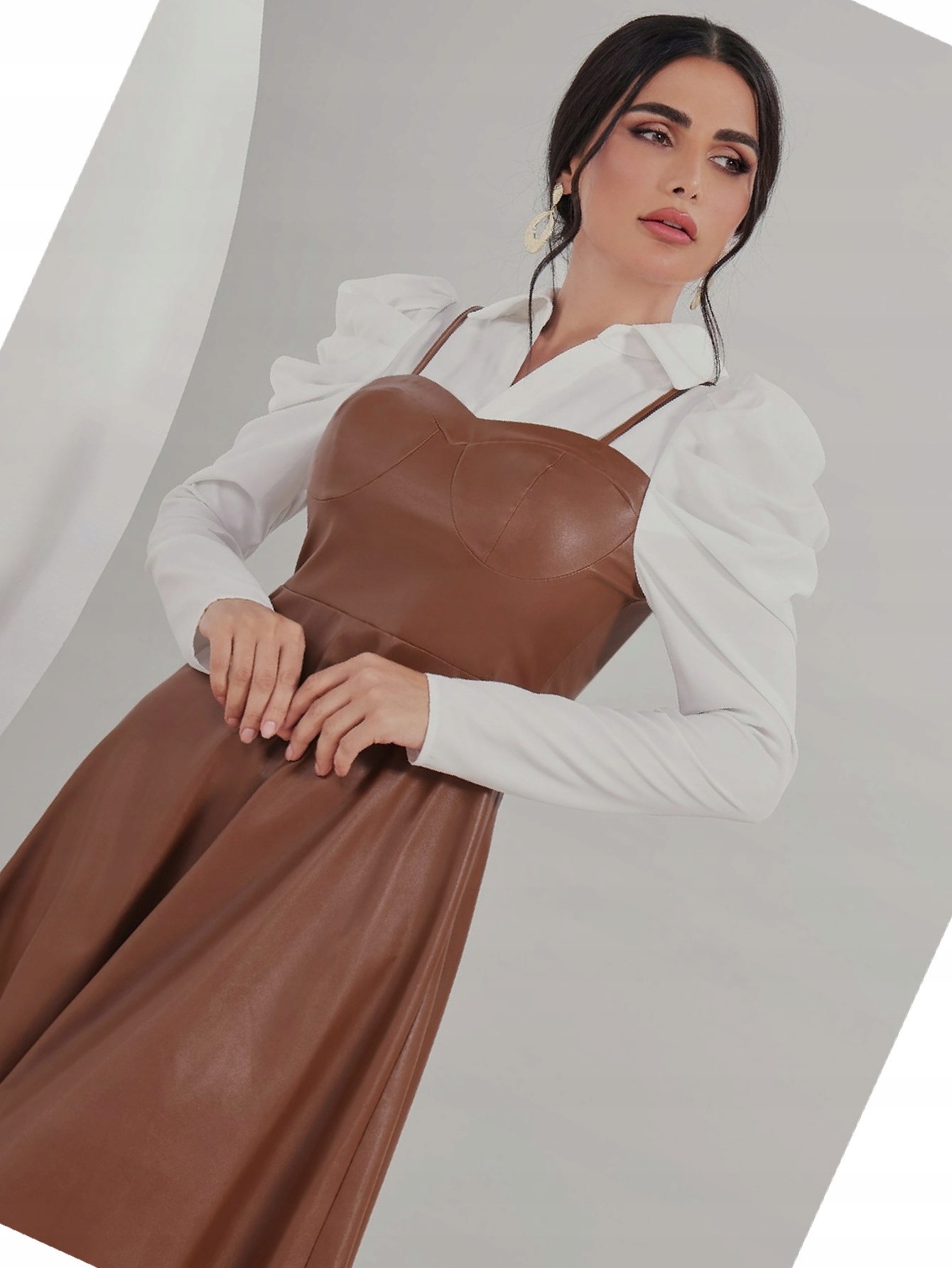 Šaty Kožená Rozšířená Elegantní Dlouhá Hnědá L 40