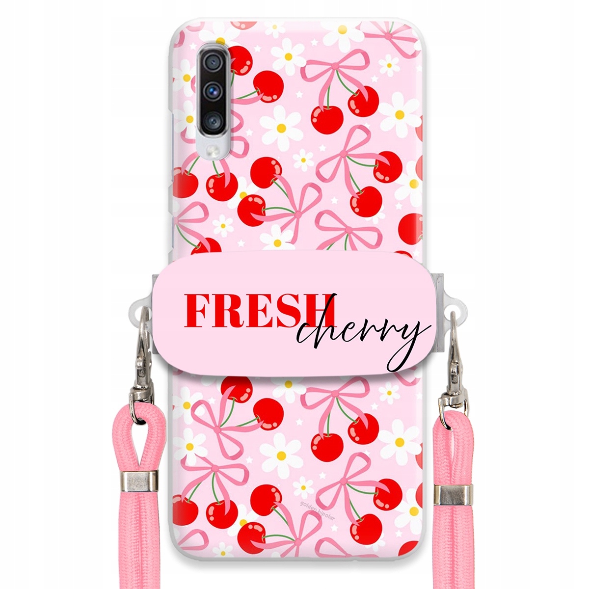 Pouzdro pro Samsung A70s Case Držák Šňůrka Růžová Fresh Cherry Kokardy