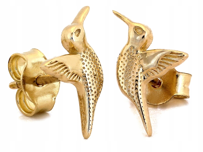 Zlaté Náušnice dámské 585 tyčinky jemné ptáci kolibříci na jaře