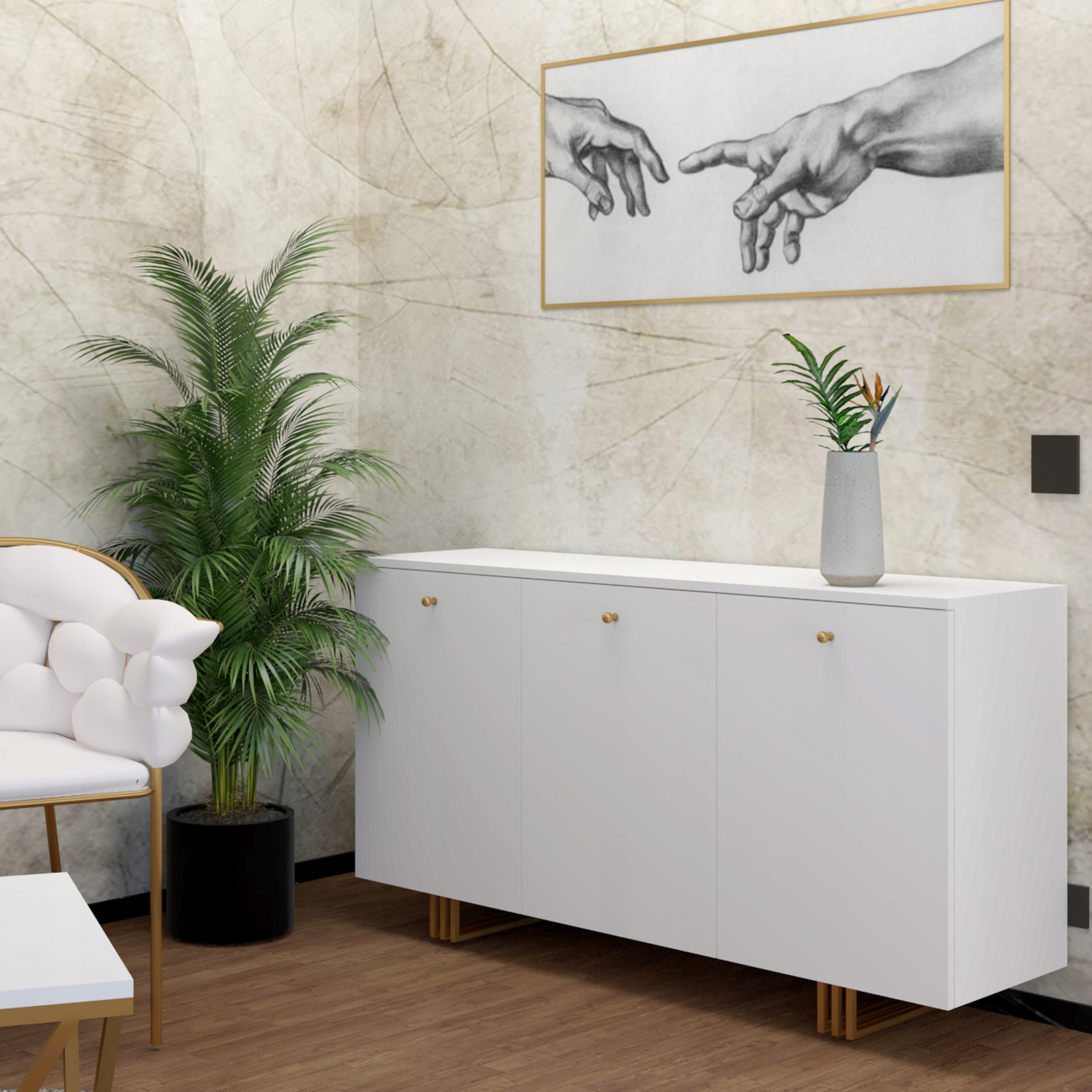 NOWOCZESNA ELEGANCKA POJEMNA KOMODA 150 CM Z SZAFKAMI BIAŁA ZŁOTE NOGI Kod producenta KK150B/Z