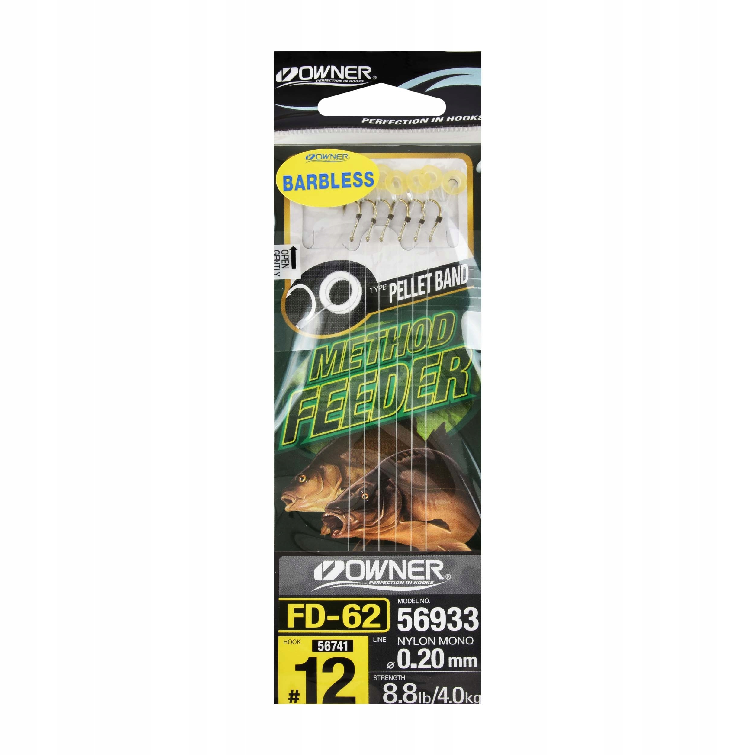 Haczyki Owner FD62 bezzadziorowe rozm.#12 z przyponami Pellet Band 6szt.