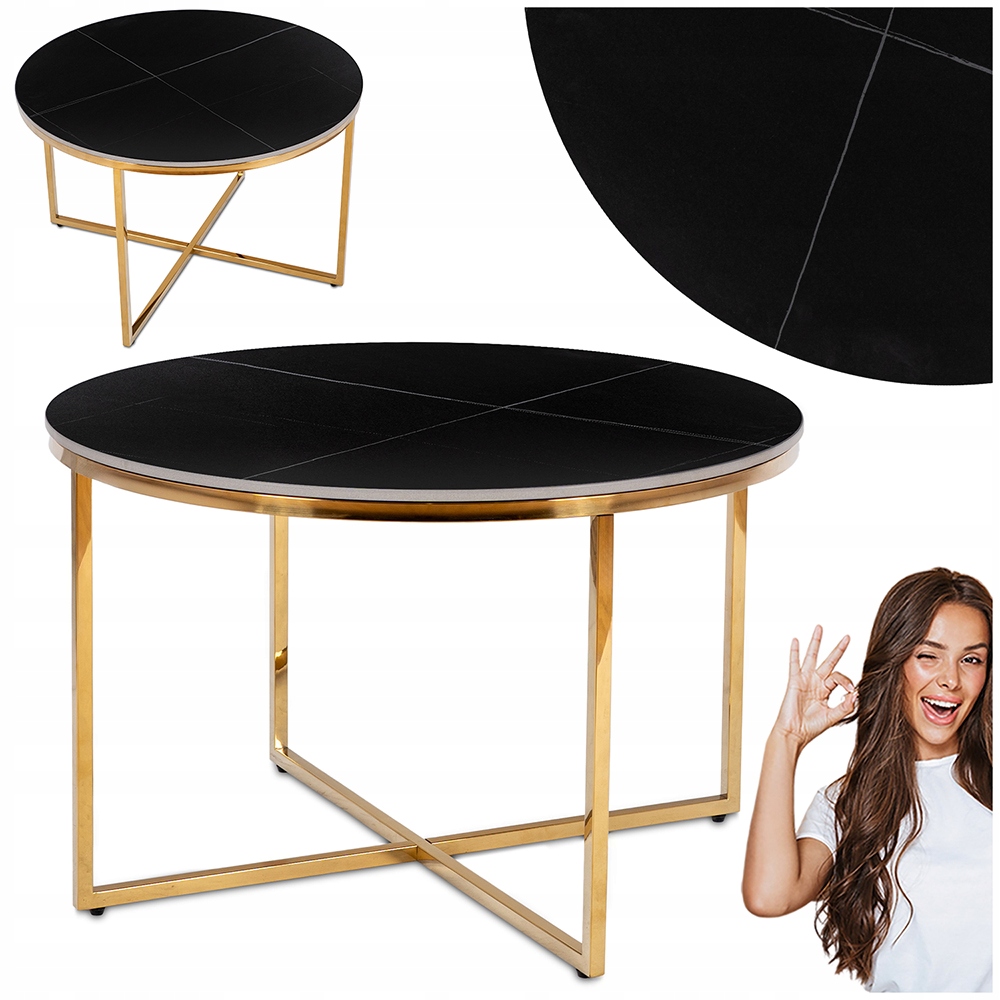 Konferenční stolek Kulatý Zlatá lavice Glamour Matný Černý Mramor Marine