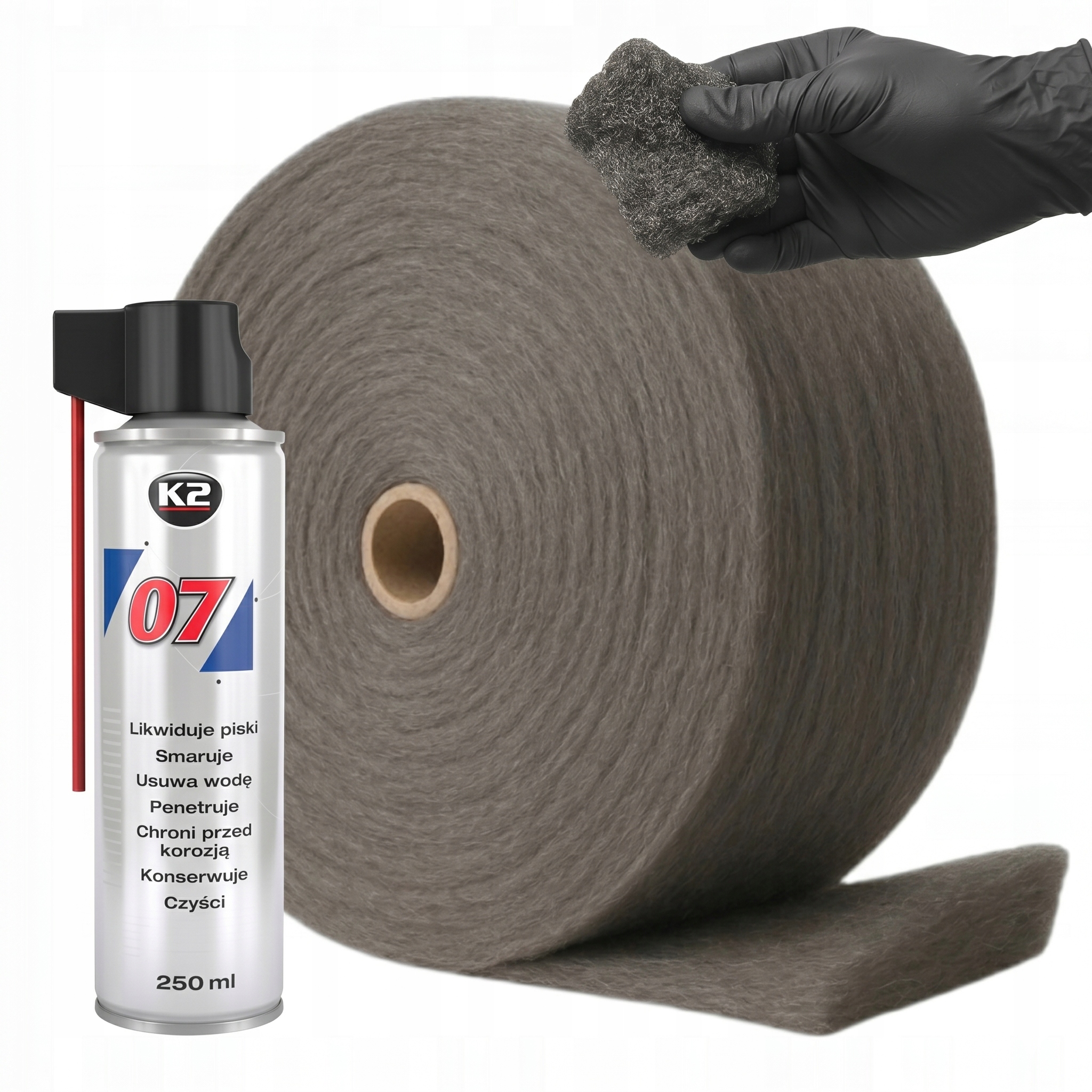Zestaw do usuwania rdzy Wełna stalowa 1 kg Preparat wielofunkcyjny K2 250ml