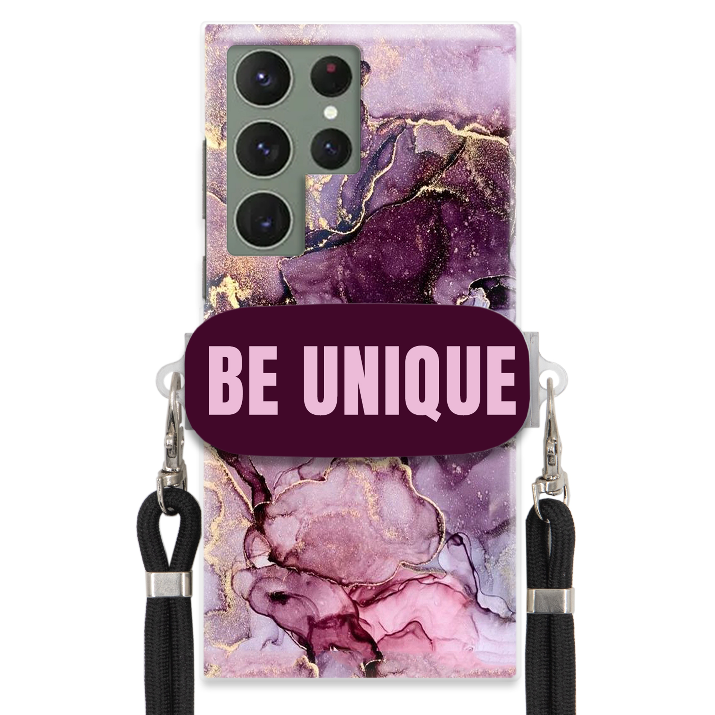 Pouzdro pro Samsung S23 Ultra Case úchytka na šňůrku, černý fialový mramor