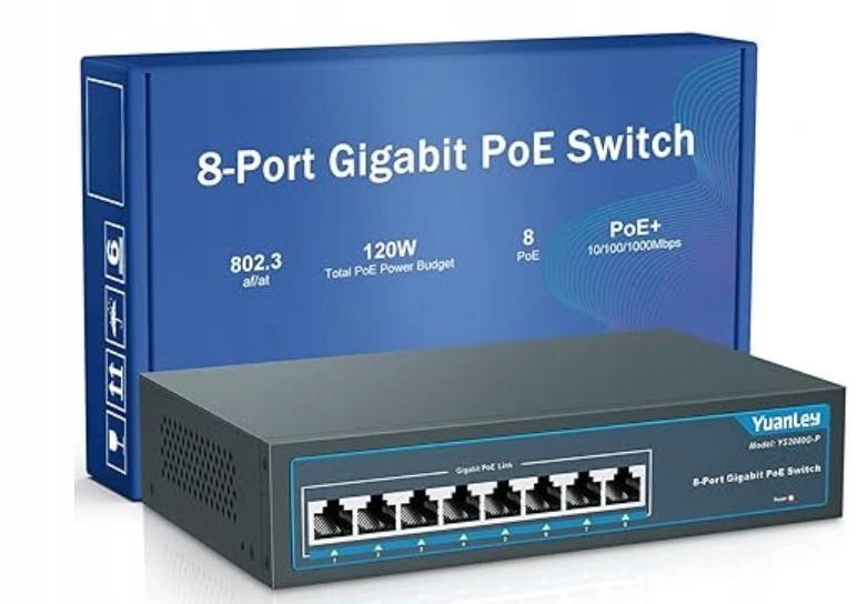 YuanLey 8-portový gigabitový Přepínač PoE+ 1000 Mbps 120 W Plug&Play