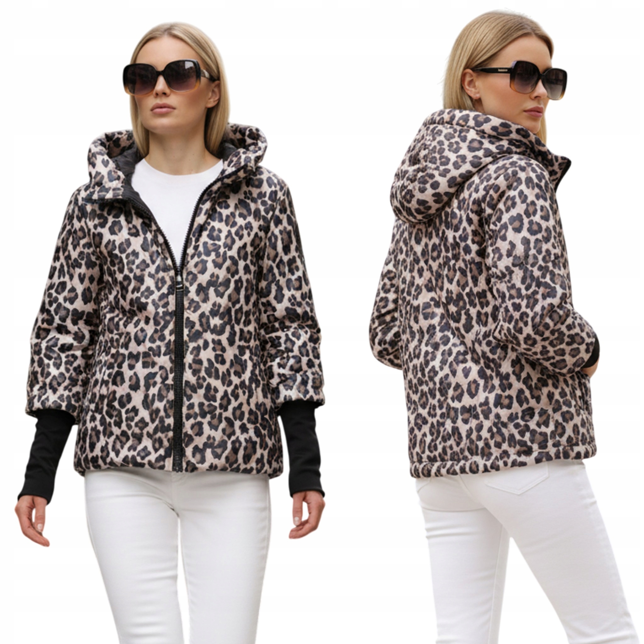 Kurtka damska przejściowa z kapturem w panterkę różowa TY5550 XXL