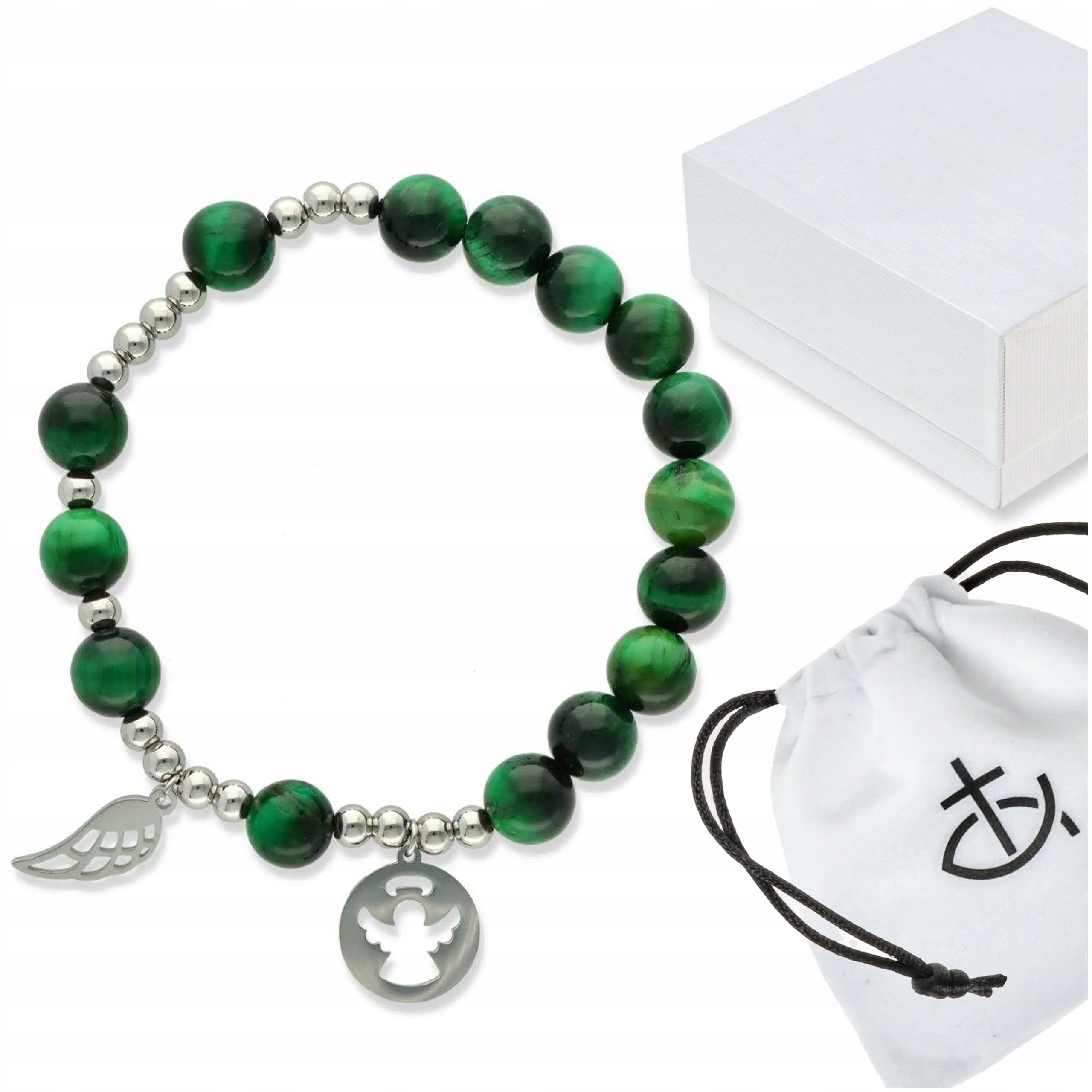 Růženec na ruku dámské kameny křemen tygří oko zelené s Andělem