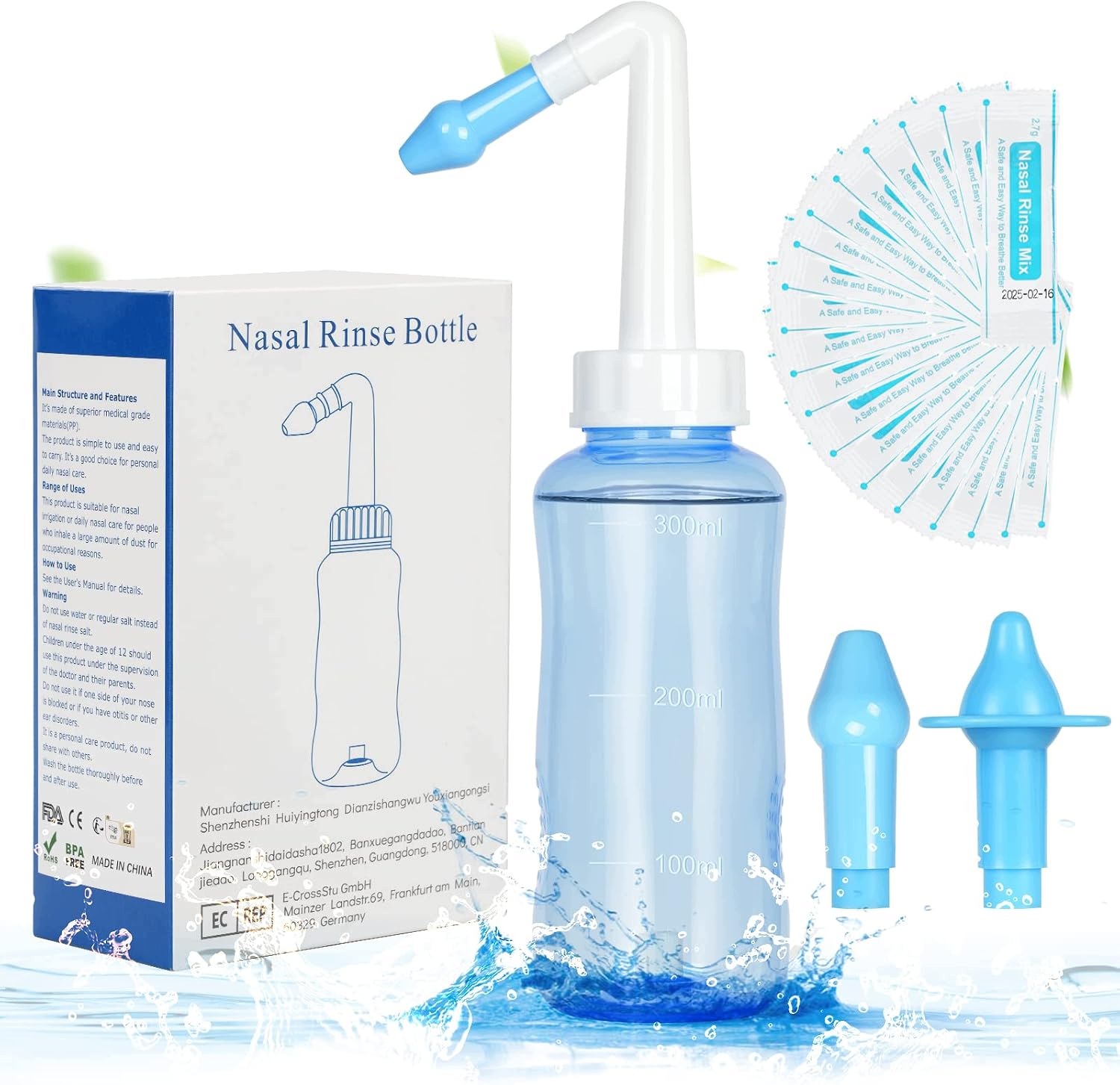 Neti Pot zestaw do płukania nosa 300 ml 40 saszetek soli niebieski