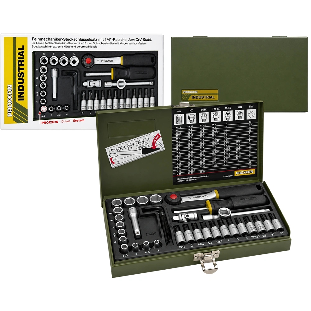 Proxxon Zestaw kluczy nasadowych mechaniki precyzyjnej 1/4 PR23080 36 ele.