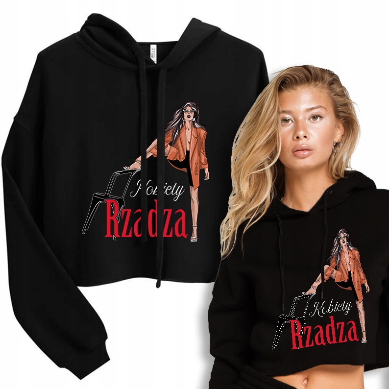 Mikina Krátká Kapuce Černá Ženy Vládnou Vzory L