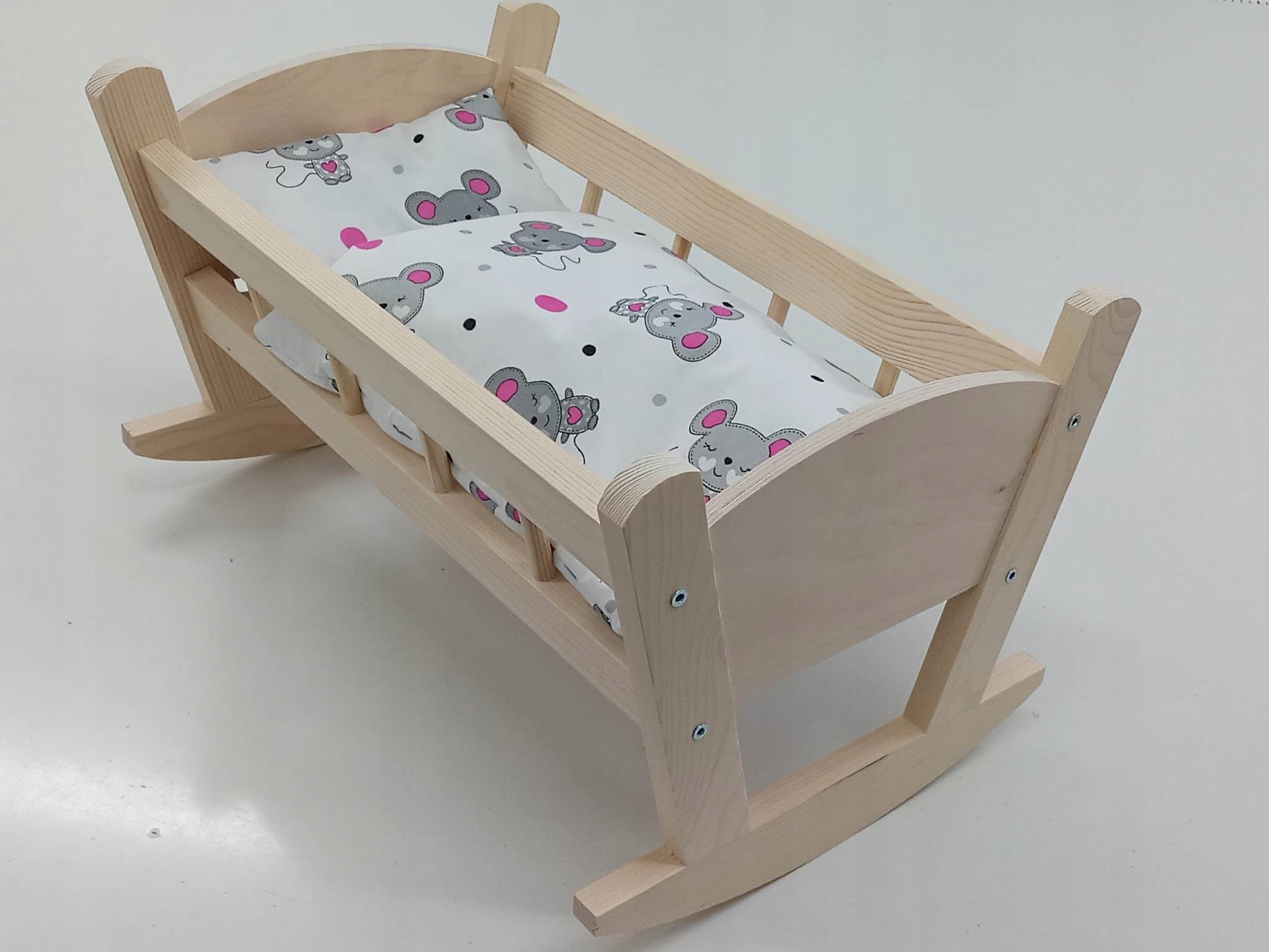 KOŁYSKA DREWNIANA dla lalek NIEMALOWANA + POŚCIEL