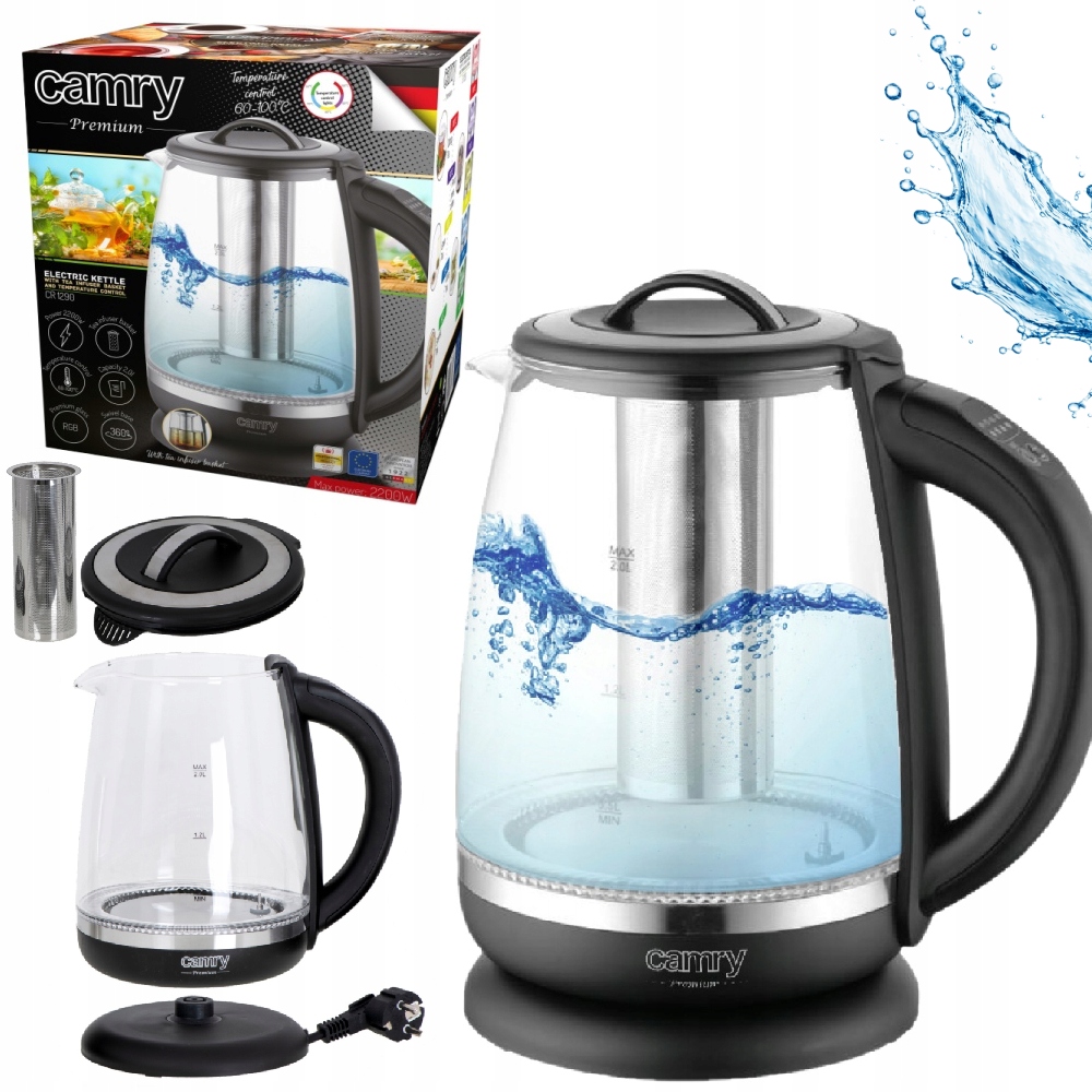 Elektrická skleněná konvice Camry CR1290 2200W 2L černá