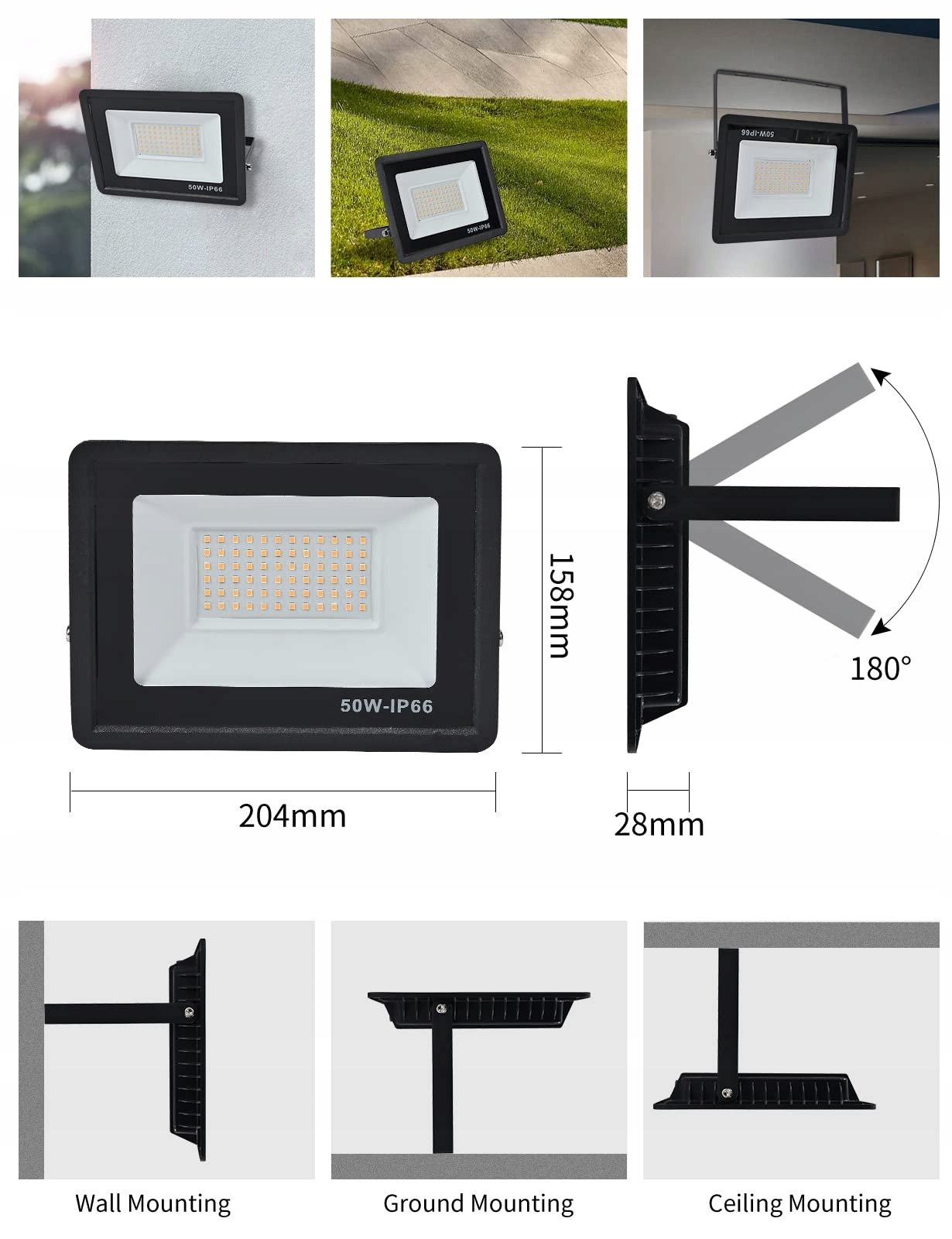 TREOIR LED Reflektor Zewnętrzny 50W 5000LM Ciepły Biały IP66 Wodoodporny — miniatura 6