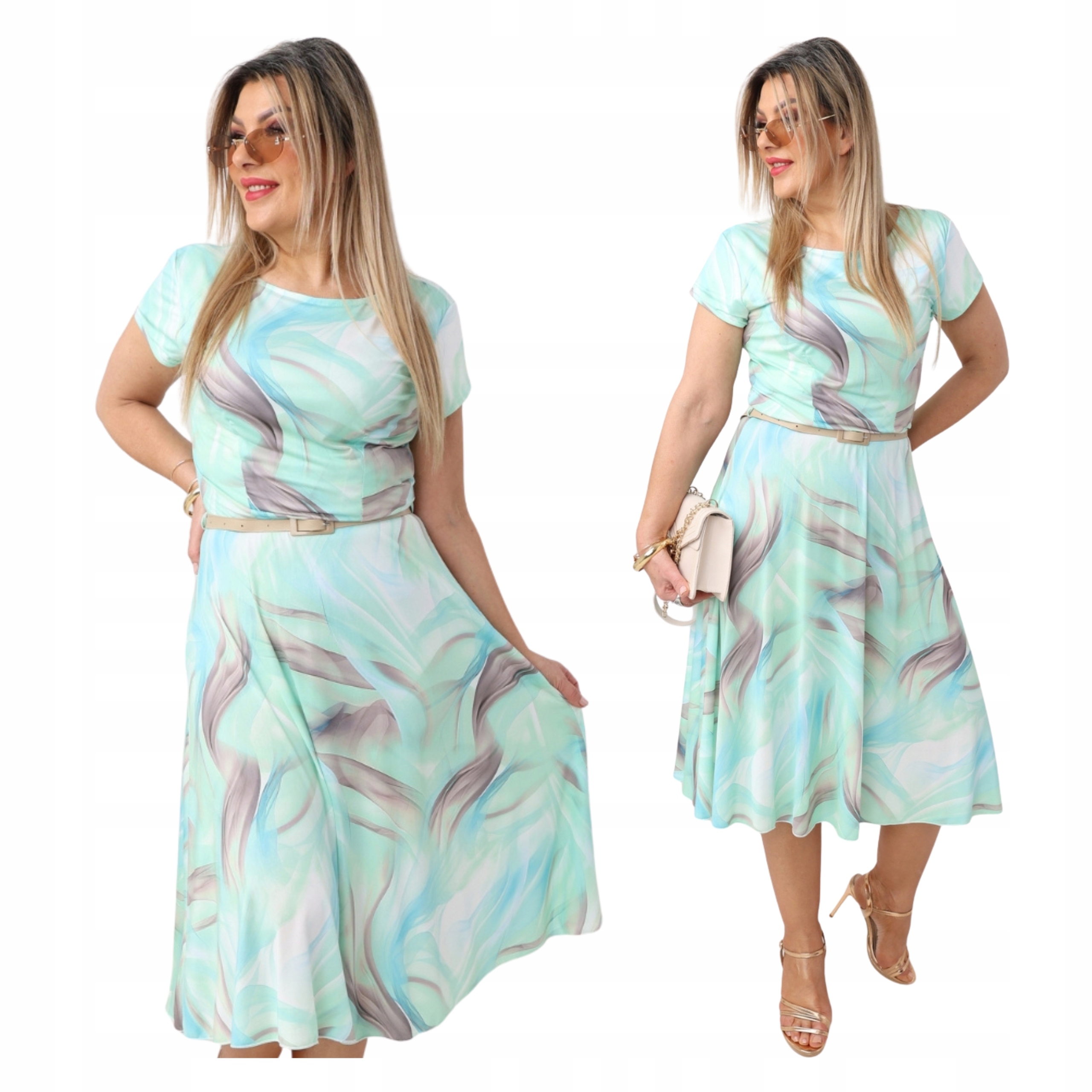 Sukienka rozkloszowana midi wizytowa Polski Producent duże rozmiary pasek