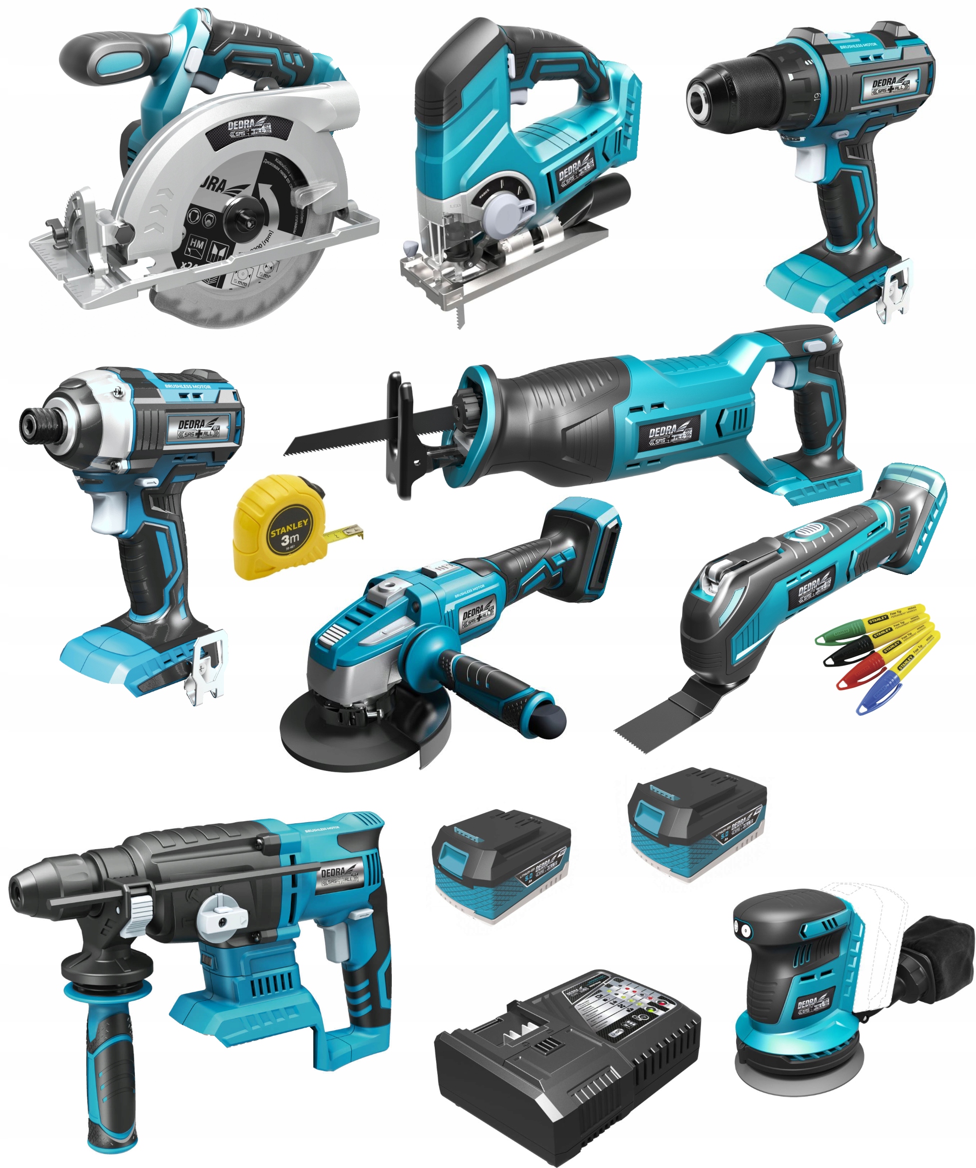 DEDRA ZESTAW 9 NARZĘDZI 2x5Ah SZYBKA ŁADOW +GRATIS