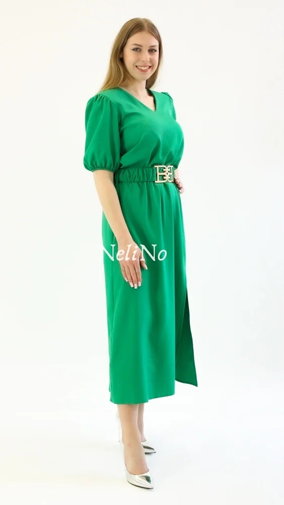 Šaty maxi s páskem a rozparkem Zelená