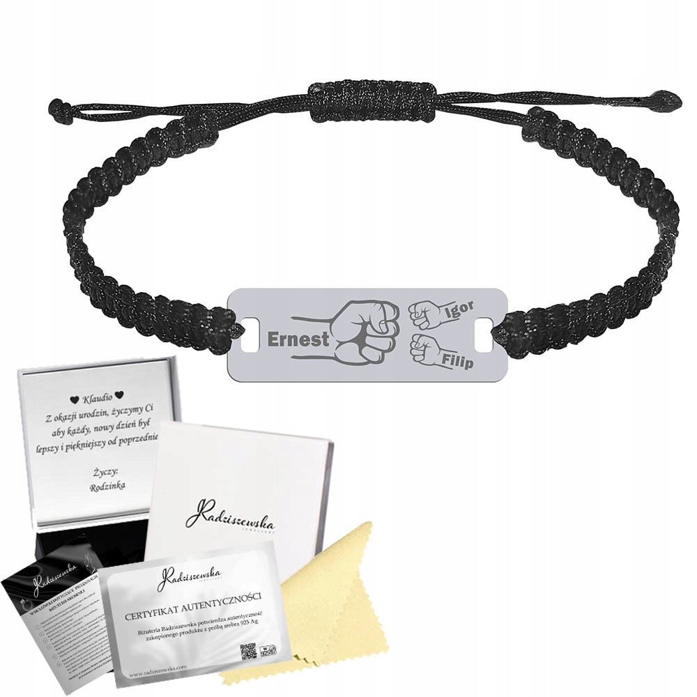 Stříbrný náramek pro tatínka s gravírováním Táta Děti 925 Šňůra Dárek