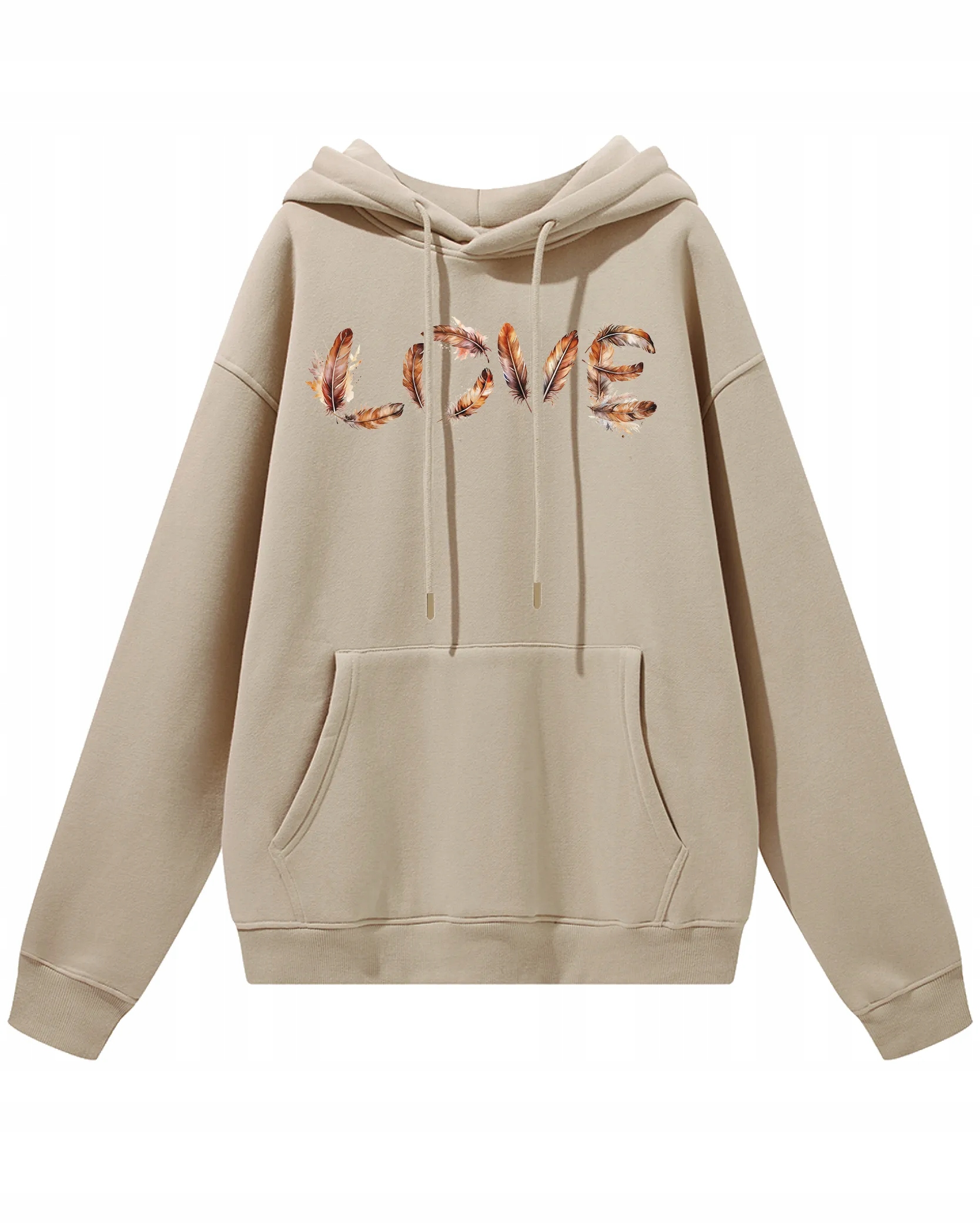 Oversize mikina s kapucí Love s motivem peří Láska Ptáci Béžová M