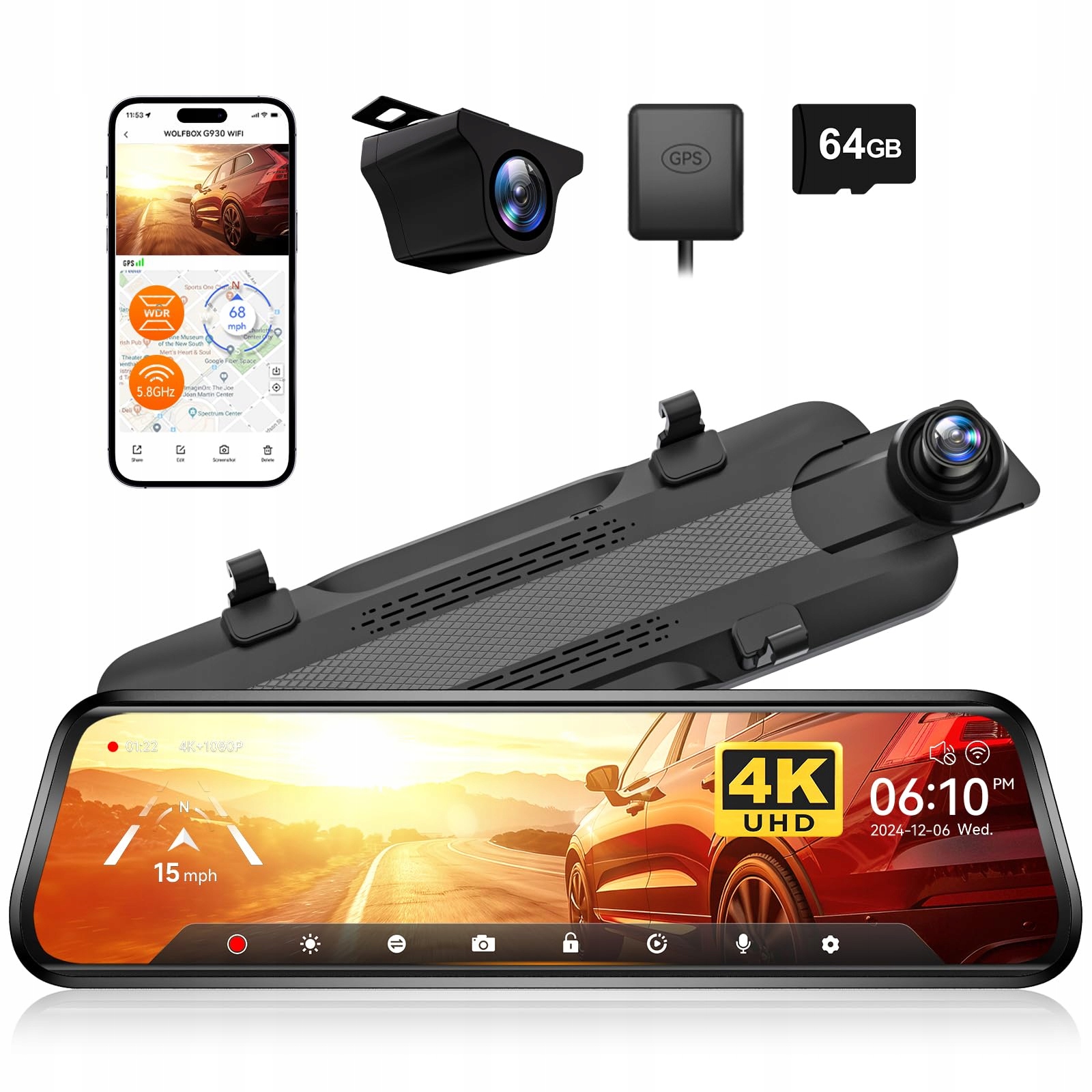 WOLFBOX G930 Kamera Lusterko 10'' 4K WiFi GPS Monitor Parkowania 64GB