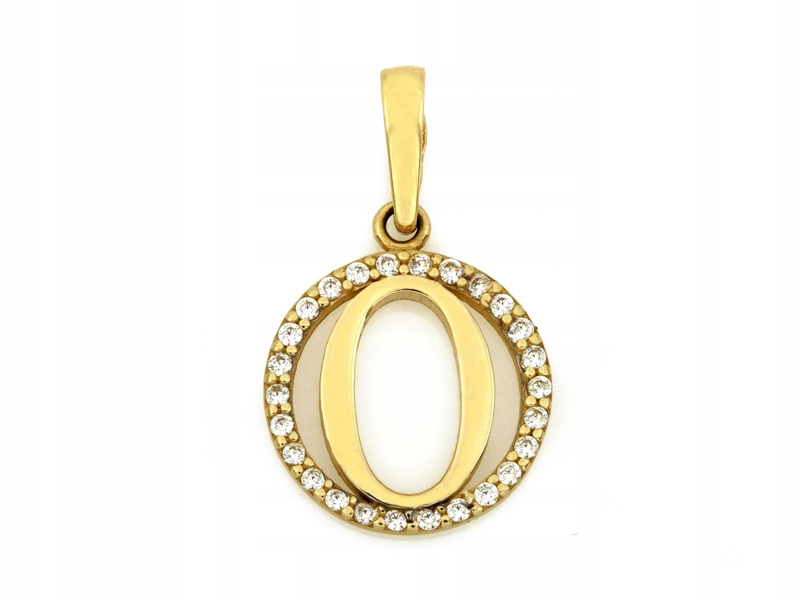 Zlatý přívěsek 585 kulatý plech písmeno O s bílými zirkony 1.10 g