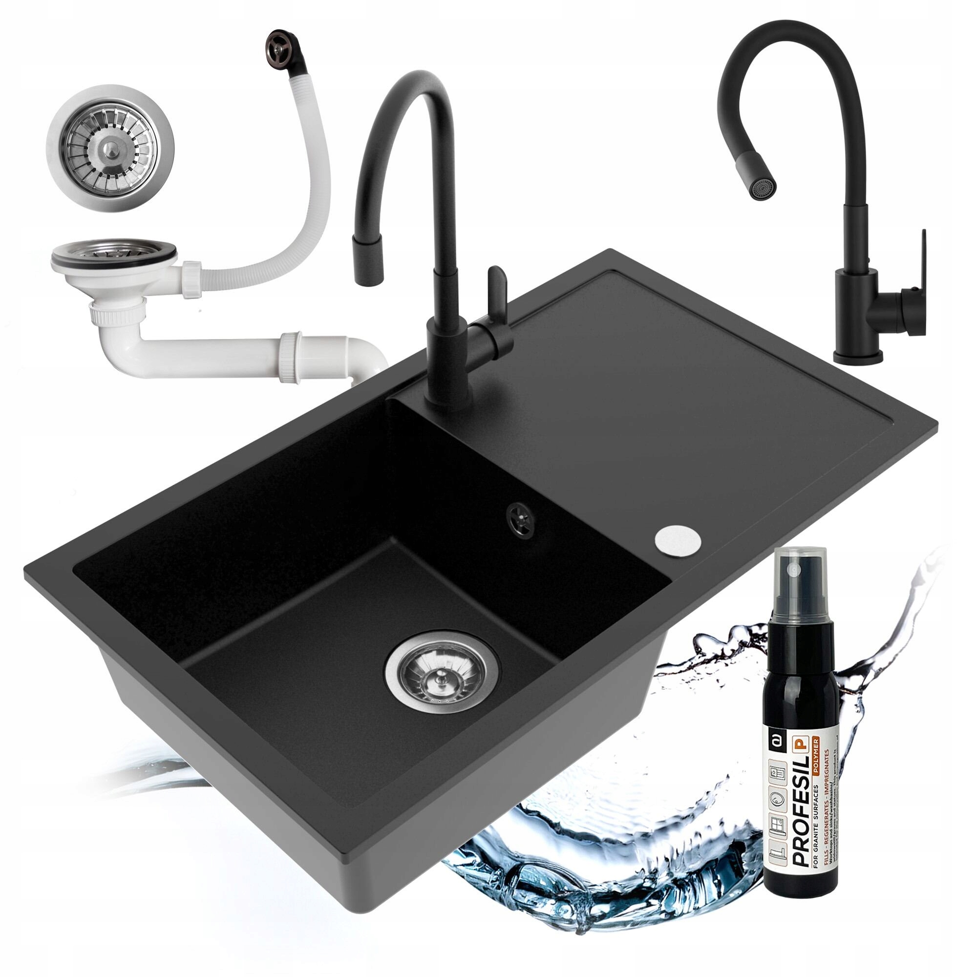 Drezový Kuchynský Drez Granitový Jednokomorový Batéria Flexibilný Sifón