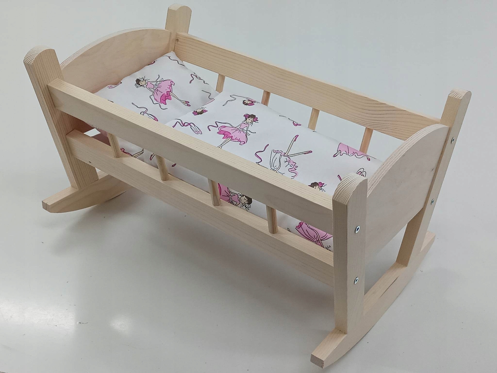 KOŁYSKA DREWNIANA dla lalek NIEMALOWANA + POŚCIEL