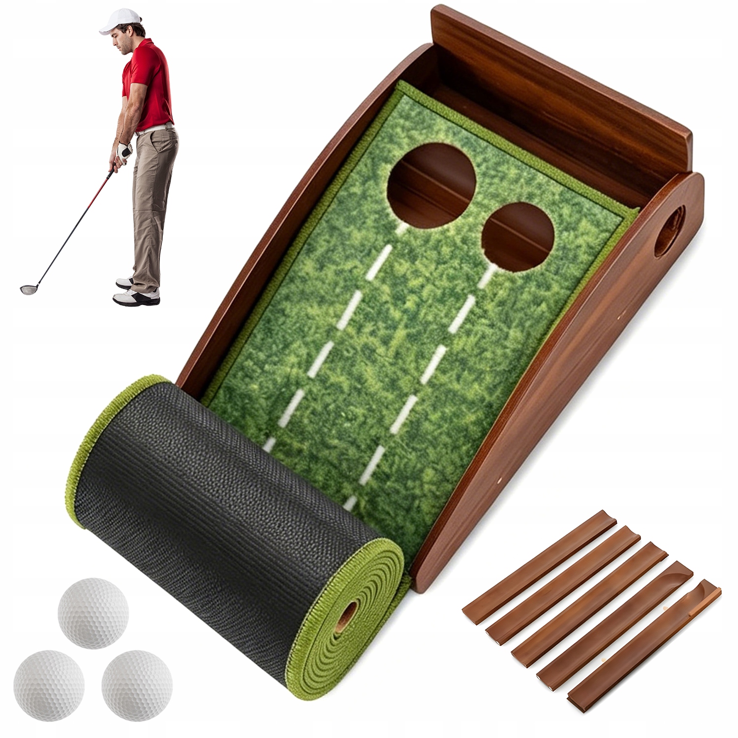 Treningowa Mata Golfowa 307CM Do Puttowania Z Powrotem Piłki 2 Dołki
