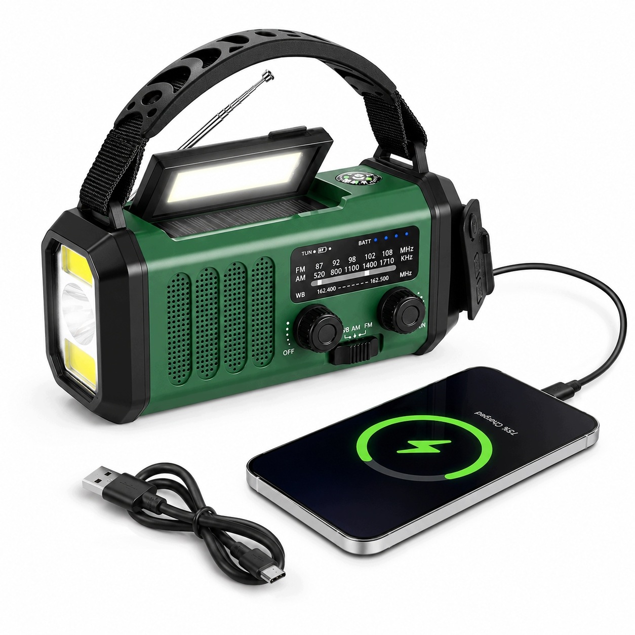 Vysoce kvalitní solární nouzové rádio s svítilnou a powerbankou, zelené