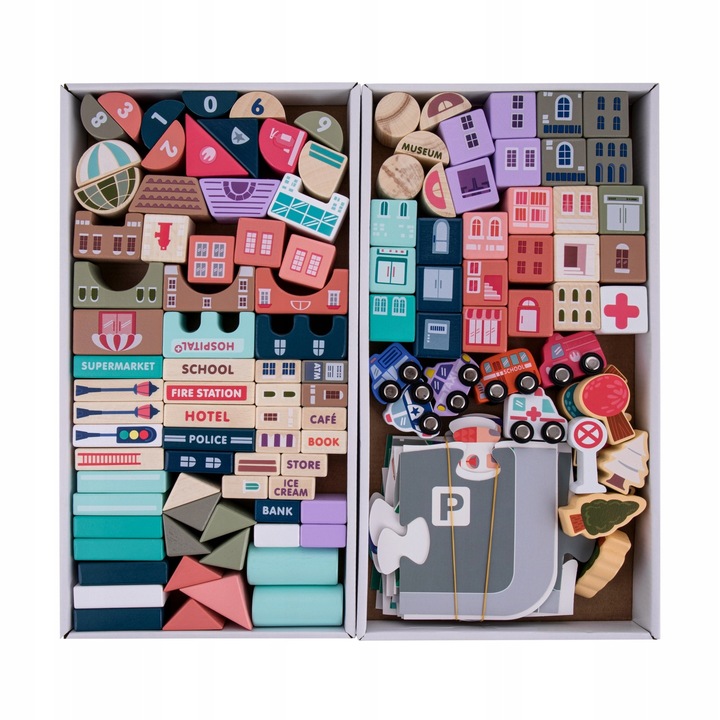 DREWNIANE KLOCKI + MATA PUZZLE MIASTO AUTA POLICJA BANK STRAŻ HELIKOPTER ++ Materiał drewno plastik inny