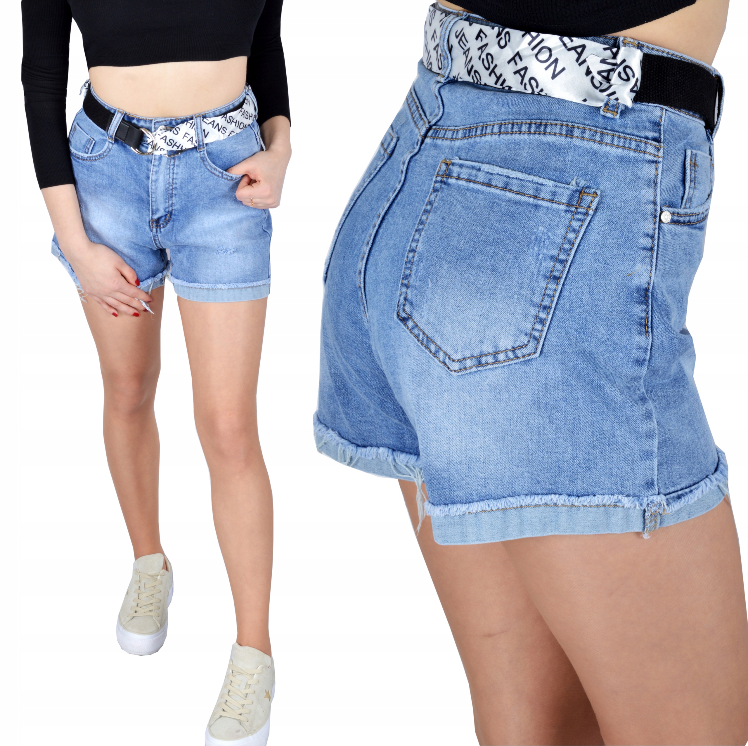 

Damskie Spodenki Jeansowe Szorty Jeansy z Paskiem