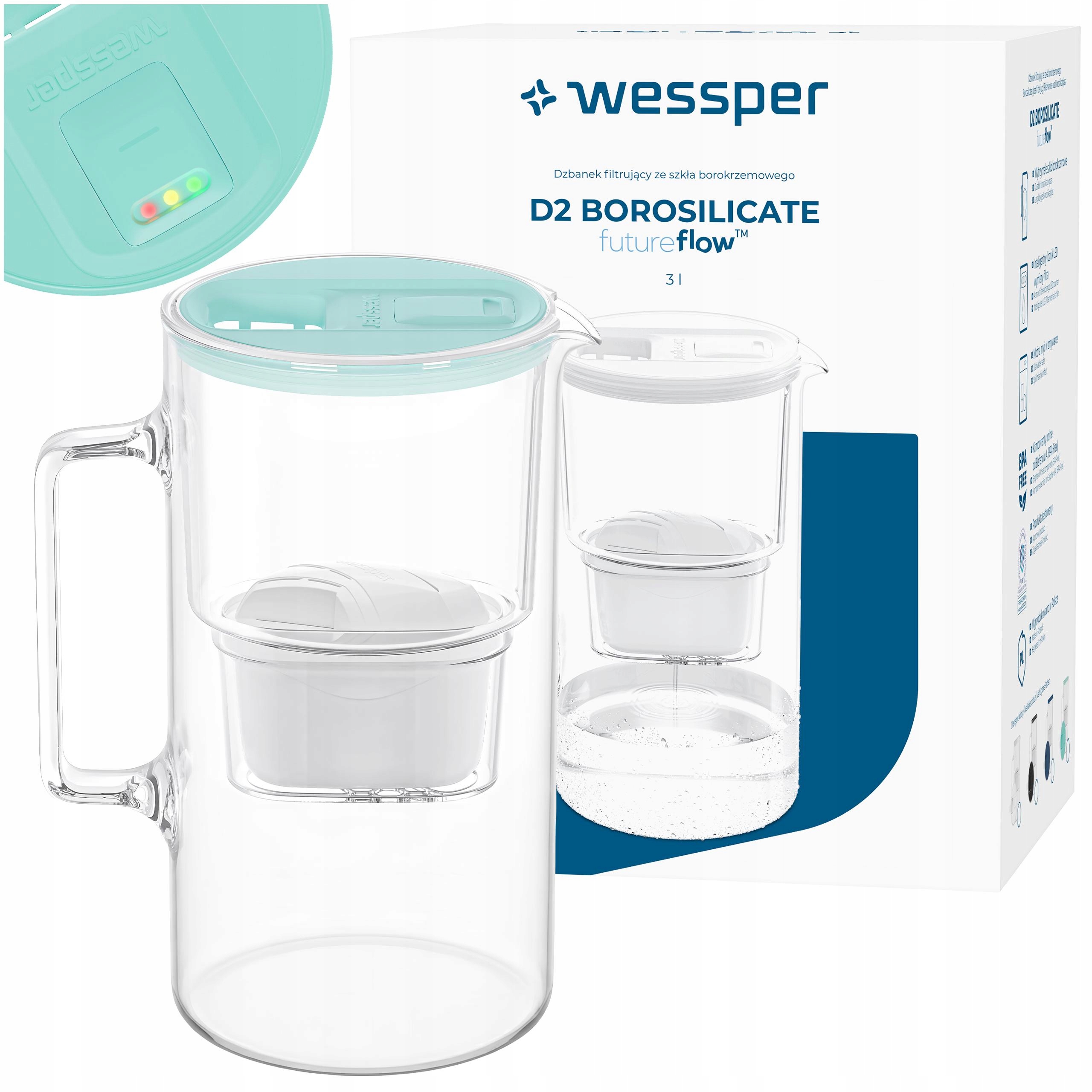 Filtrační konvice skleněná Wessper D2 Borosilicate Ff Led 3 l, mátová filtr