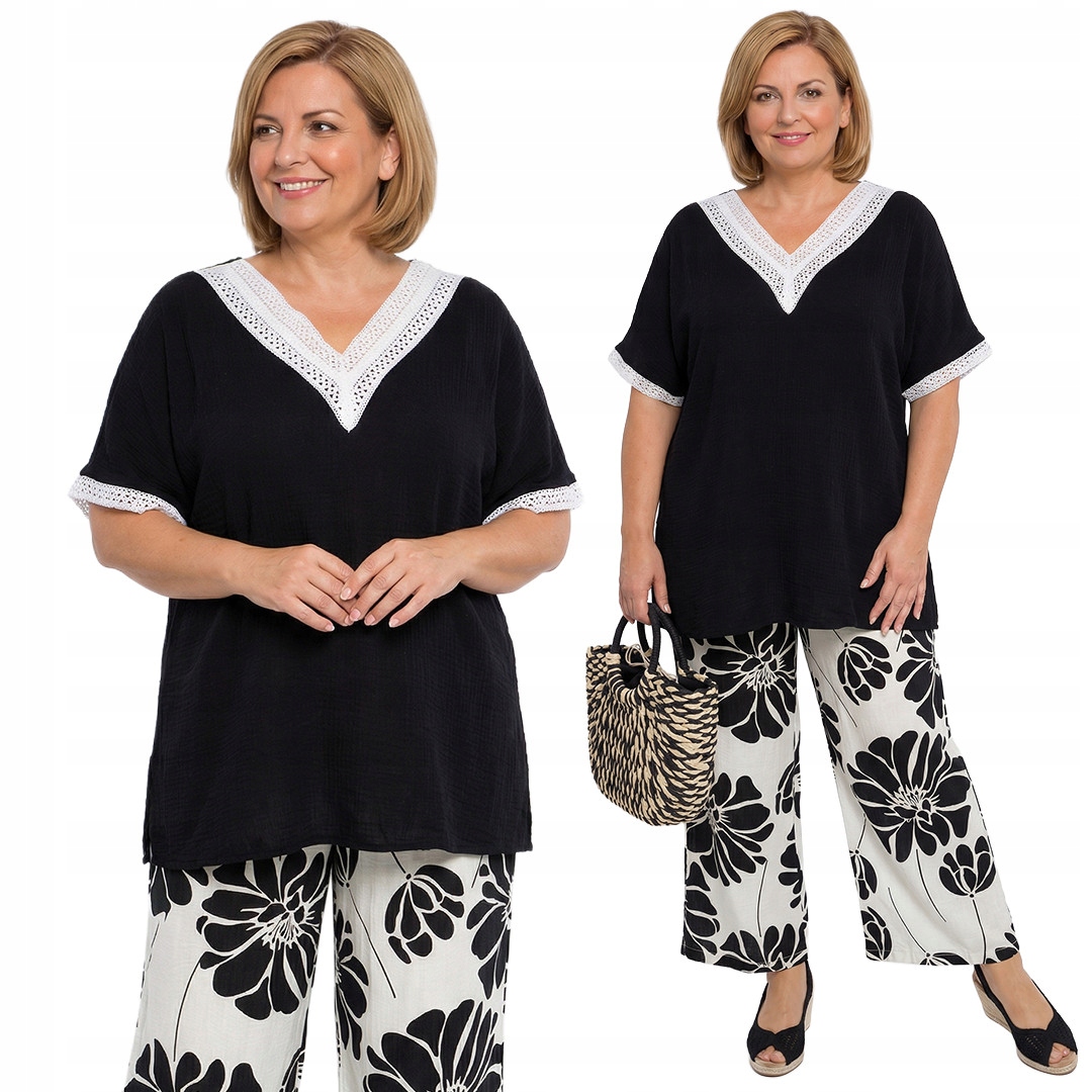 Černý komplet kalhot s černými květy plus size velikost 54/56