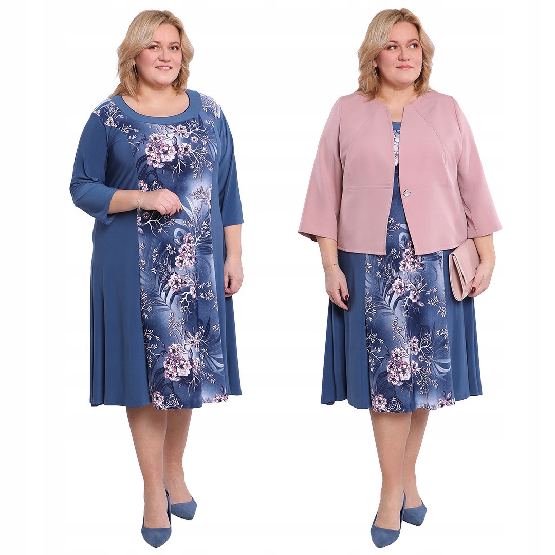 Modrá šaty s růžovými květy 48/50