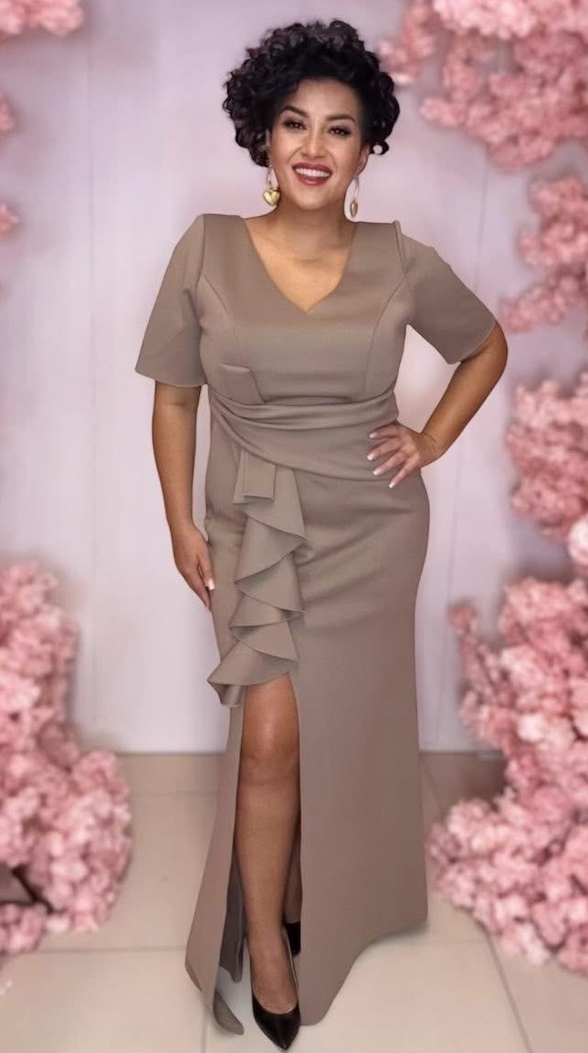 Šaty Na Svatební Hostinu Monia Dlouhý Rukáv Cappucino 50