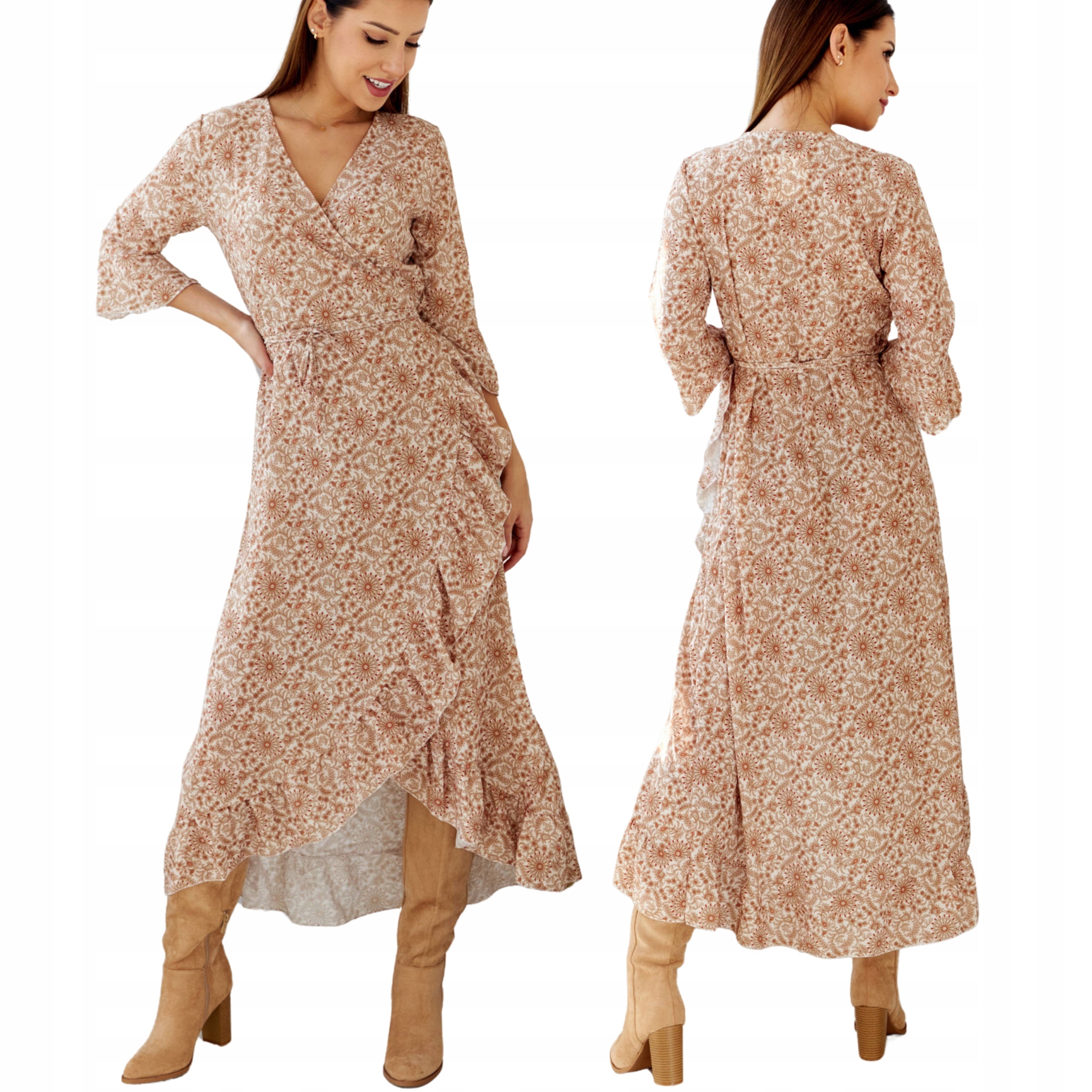 Šaty s elegantní zavazováním MIDI, volánky s květinami, béžové, velikost L